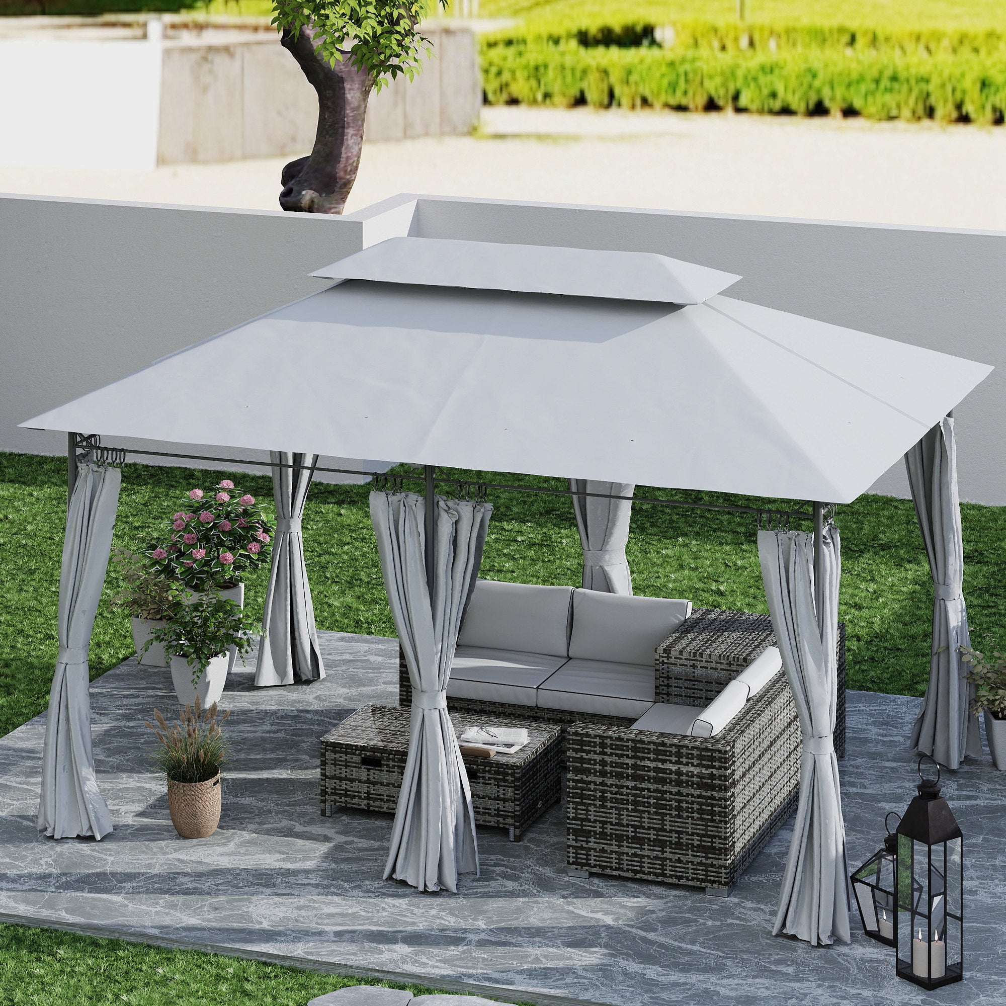 Outsunny 10' x 13' Patio Gazebo, Double Roof Outdoor Gazebo Canopy Shelter with Curtains, Solid Metal Frame for Garden, Lawn, Backyard and Deck, Dark Gry