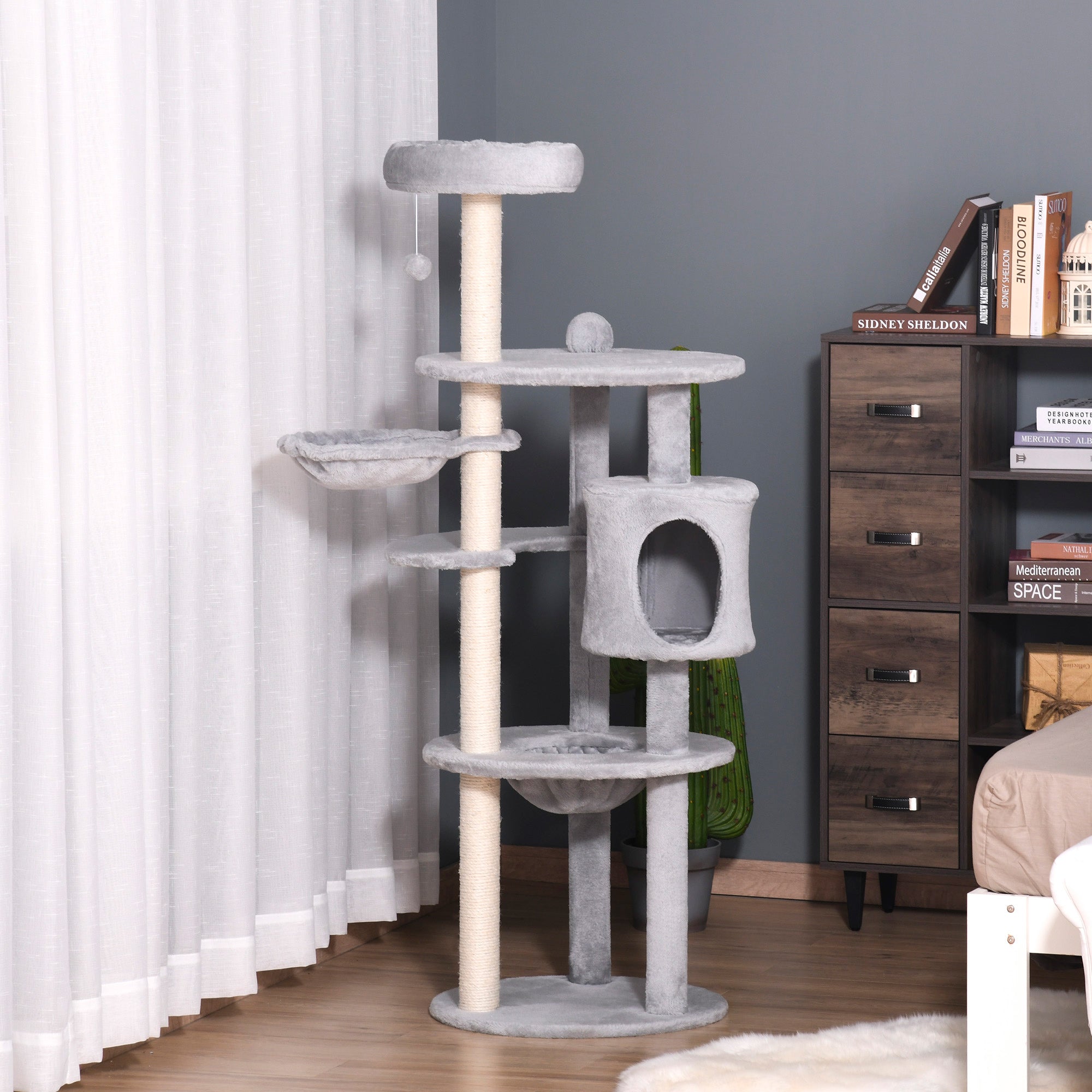 PawHut Cat tree Tower for Indoor Cats 158cm Climbing Kitten Activity Centre with Sisal Scratching Post Perch Hanging Ball Hammock Condo Toy Light Grey