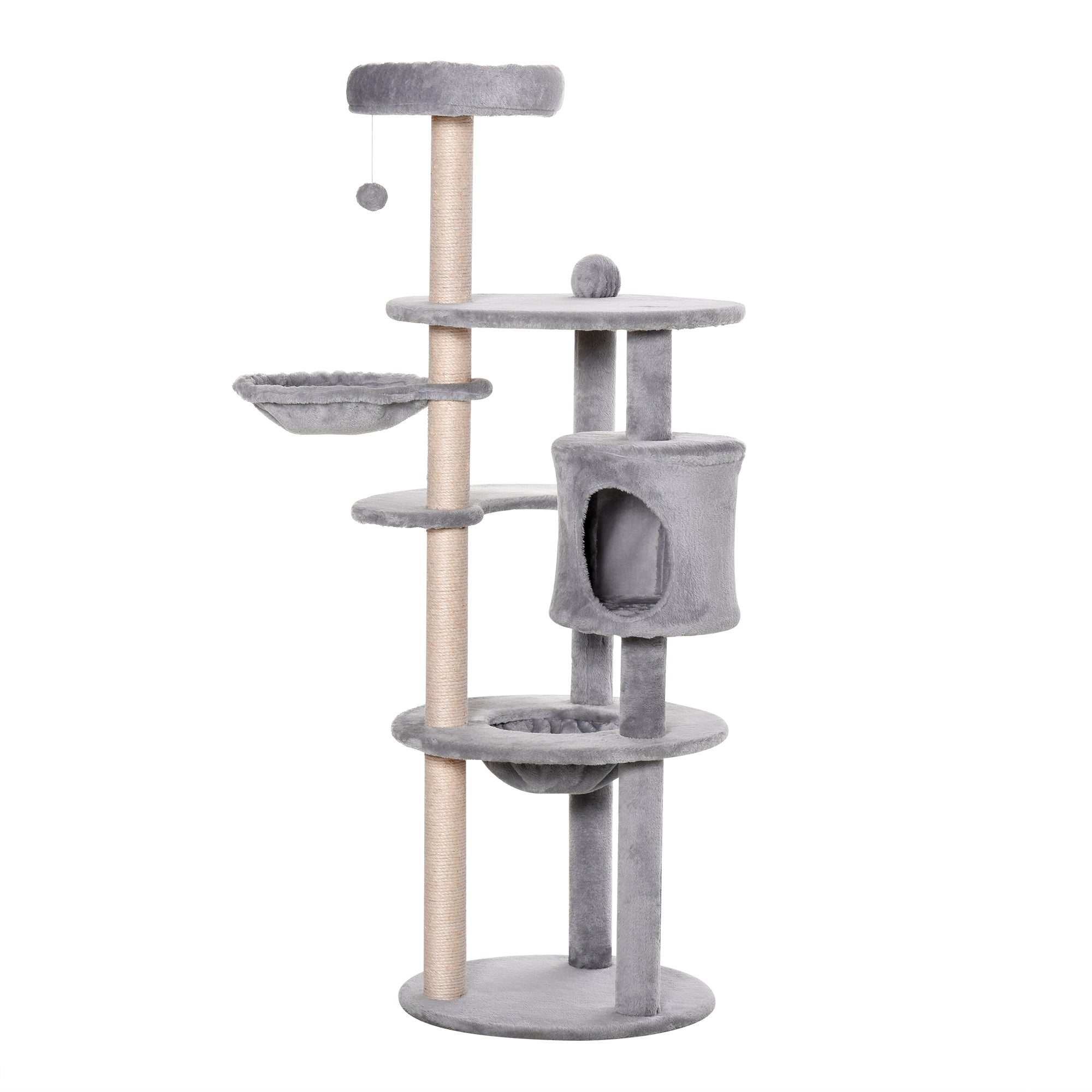 PawHut Cat tree Tower for Indoor Cats 158cm Climbing Kitten Activity Centre with Sisal Scratching Post Perch Hanging Ball Hammock Condo Toy Light Grey