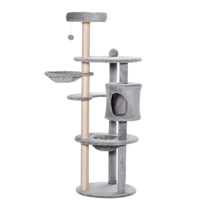PawHut Cat tree Tower for Indoor Cats 158cm Climbing Kitten Activity Centre with Sisal Scratching Post Perch Hanging Ball Hammock Condo Toy Light Grey