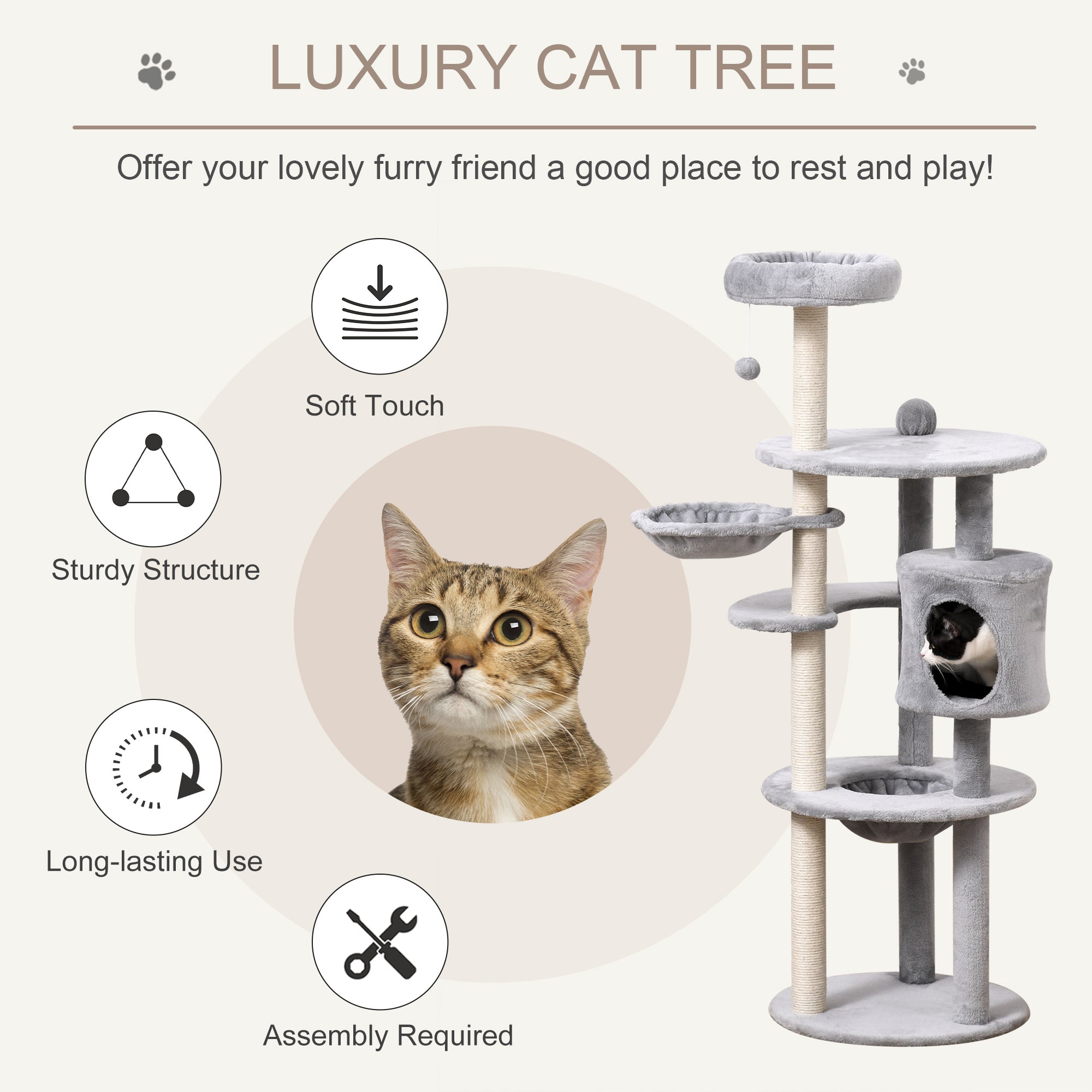 PawHut Cat tree Tower for Indoor Cats 158cm Climbing Kitten Activity Centre with Sisal Scratching Post Perch Hanging Ball Hammock Condo Toy Light Grey