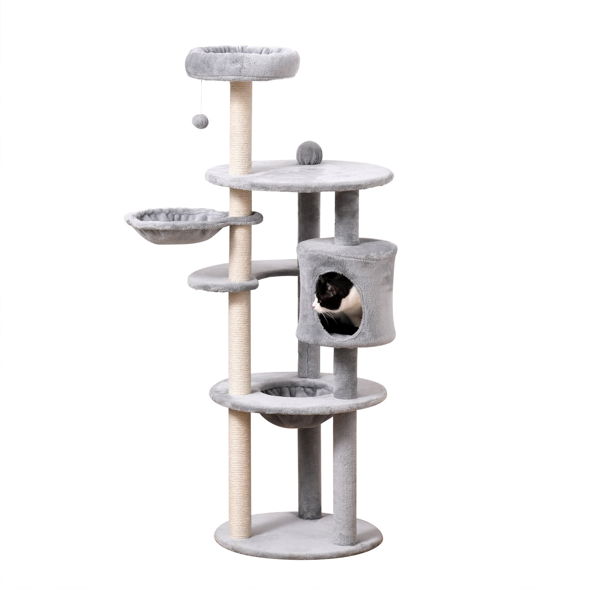 PawHut Cat tree Tower for Indoor Cats 158cm Climbing Kitten Activity Centre with Sisal Scratching Post Perch Hanging Ball Hammock Condo Toy Light Grey