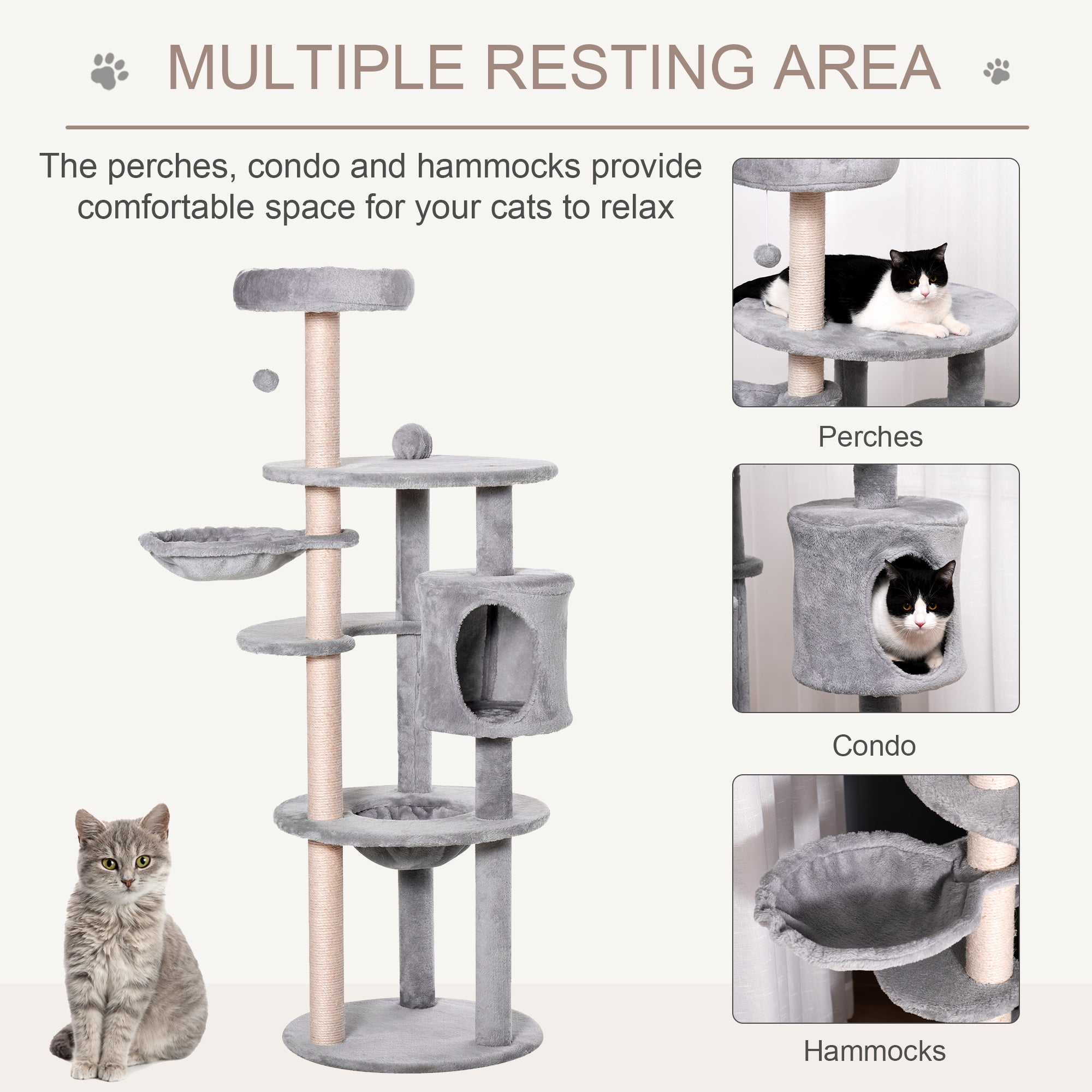 PawHut Cat tree Tower for Indoor Cats 158cm Climbing Kitten Activity Centre with Sisal Scratching Post Perch Hanging Ball Hammock Condo Toy Light Grey