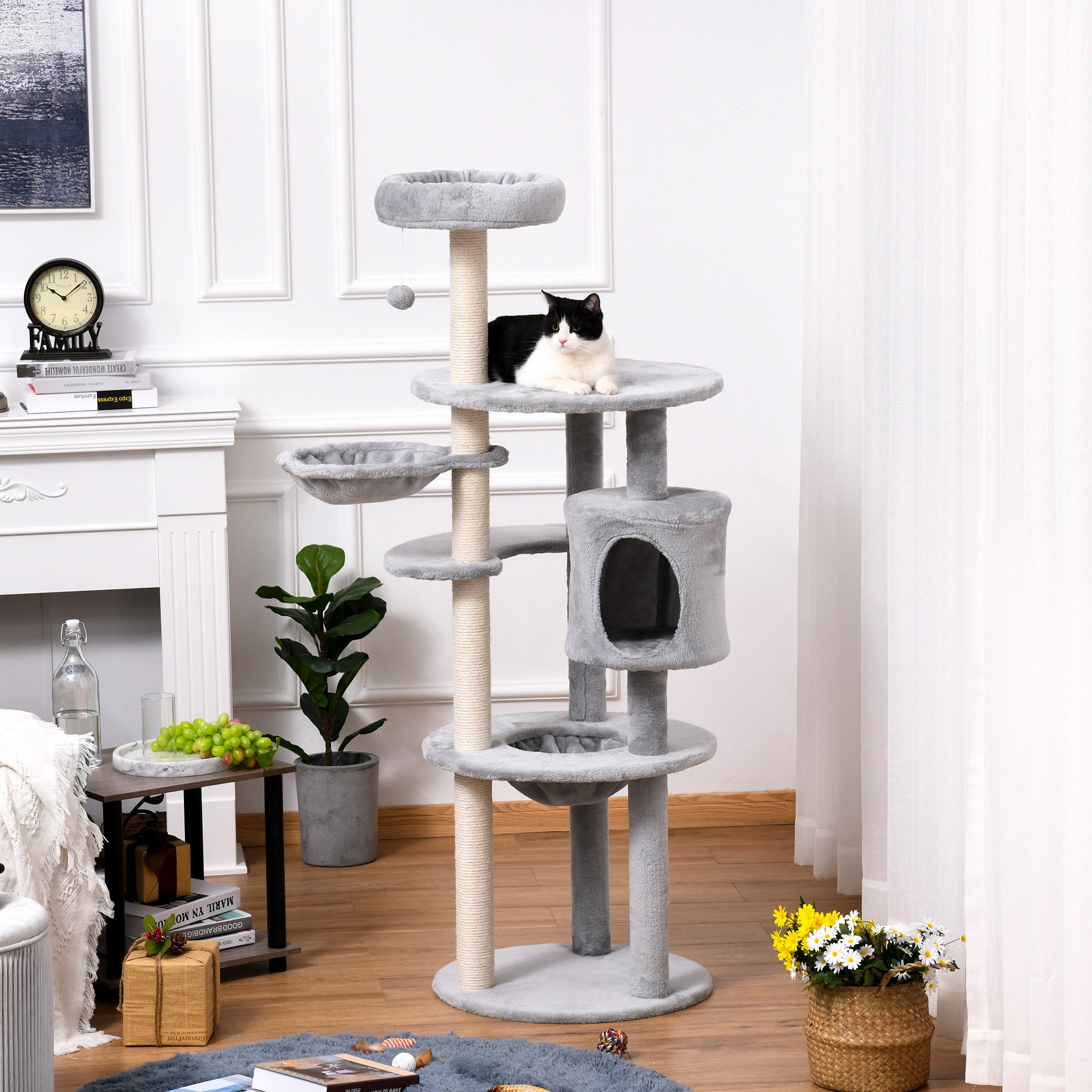 PawHut Cat tree Tower for Indoor Cats 158cm Climbing Kitten Activity Centre with Sisal Scratching Post Perch Hanging Ball Hammock Condo Toy Light Grey