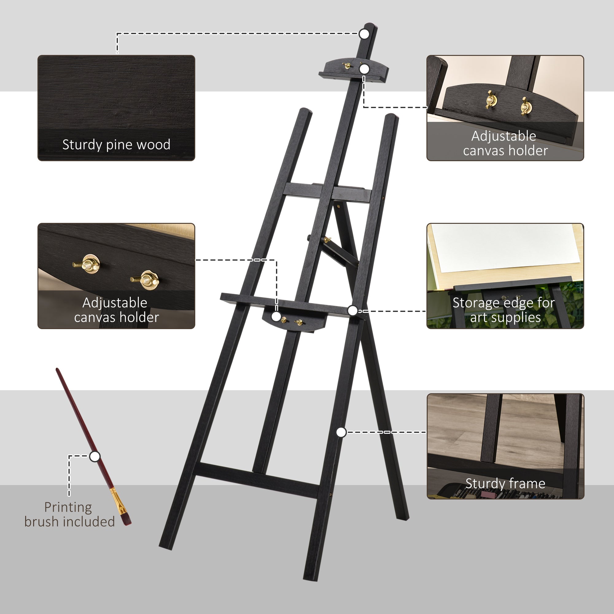 HOMCOM 55" Beech Wood Adjustable Folding Art Easel Stand that Tilts up to 75° with Sturdy Material, Black