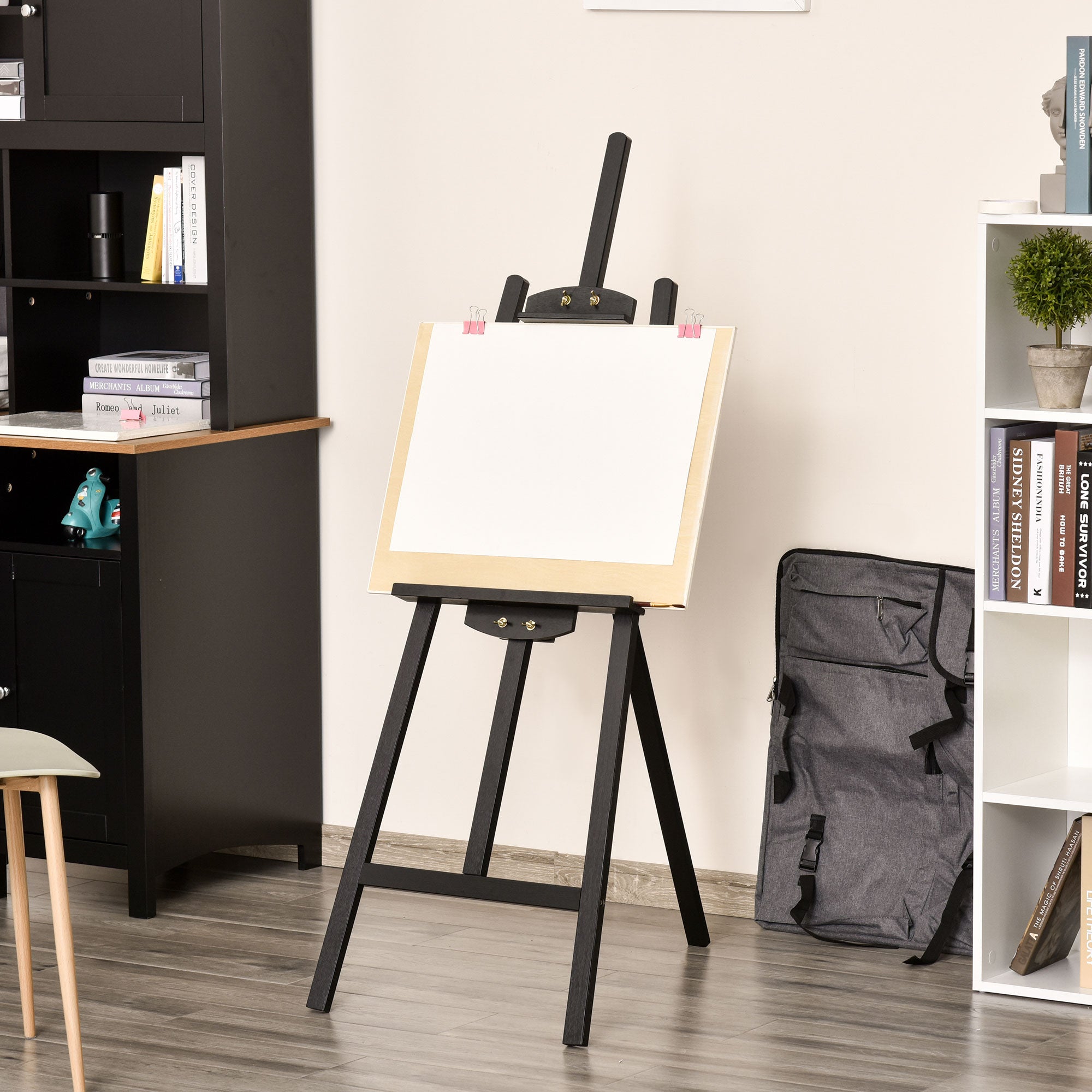 HOMCOM 55" Beech Wood Adjustable Folding Art Easel Stand that Tilts up to 75° with Sturdy Material, Black