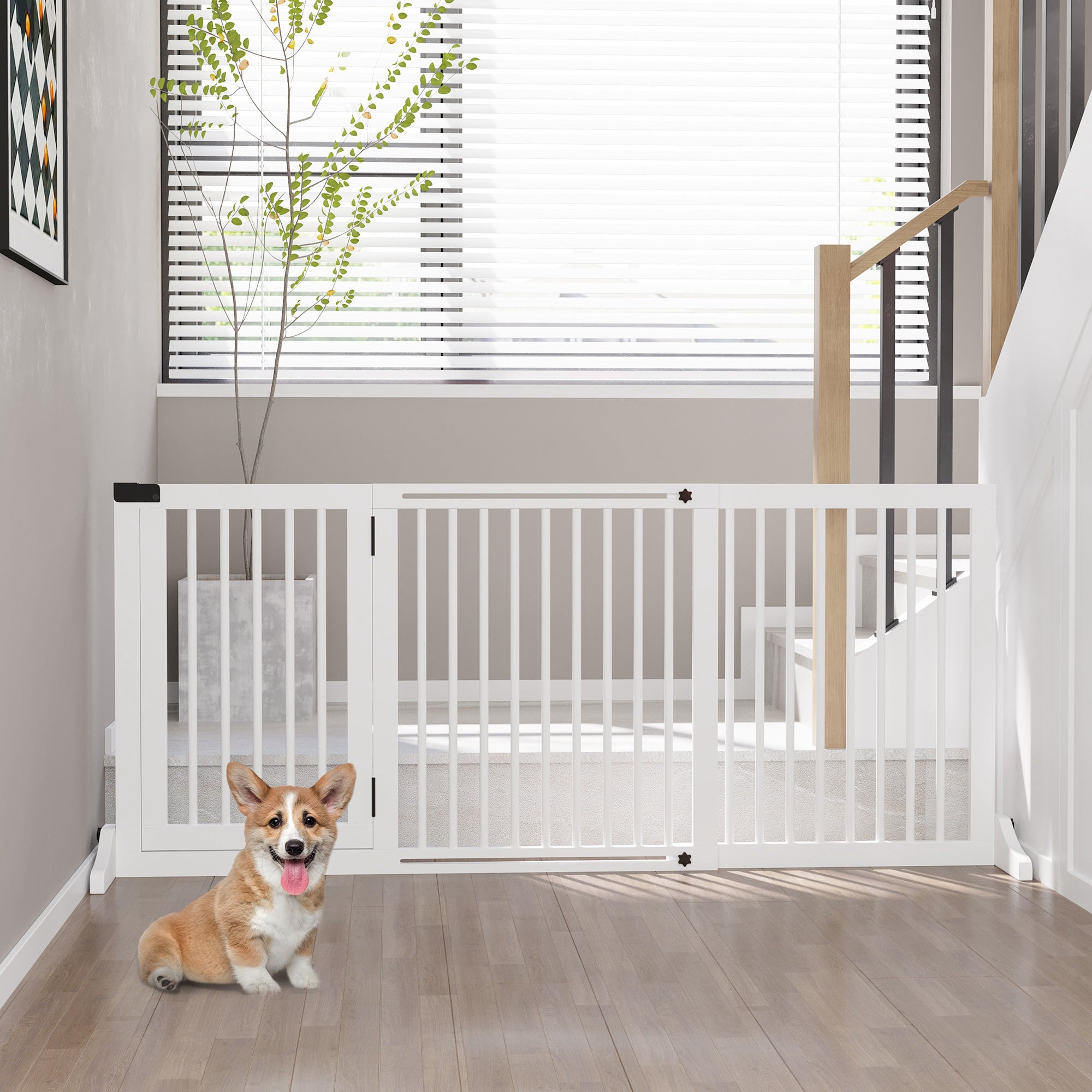PawHut Wooden Dog Gate, Freestanding Pet Fence for Stair, Doorway, 3 Panels w/ Door, Support Feet for Small Medium Dogs, White, 44.5"- 65"L x 28"H
