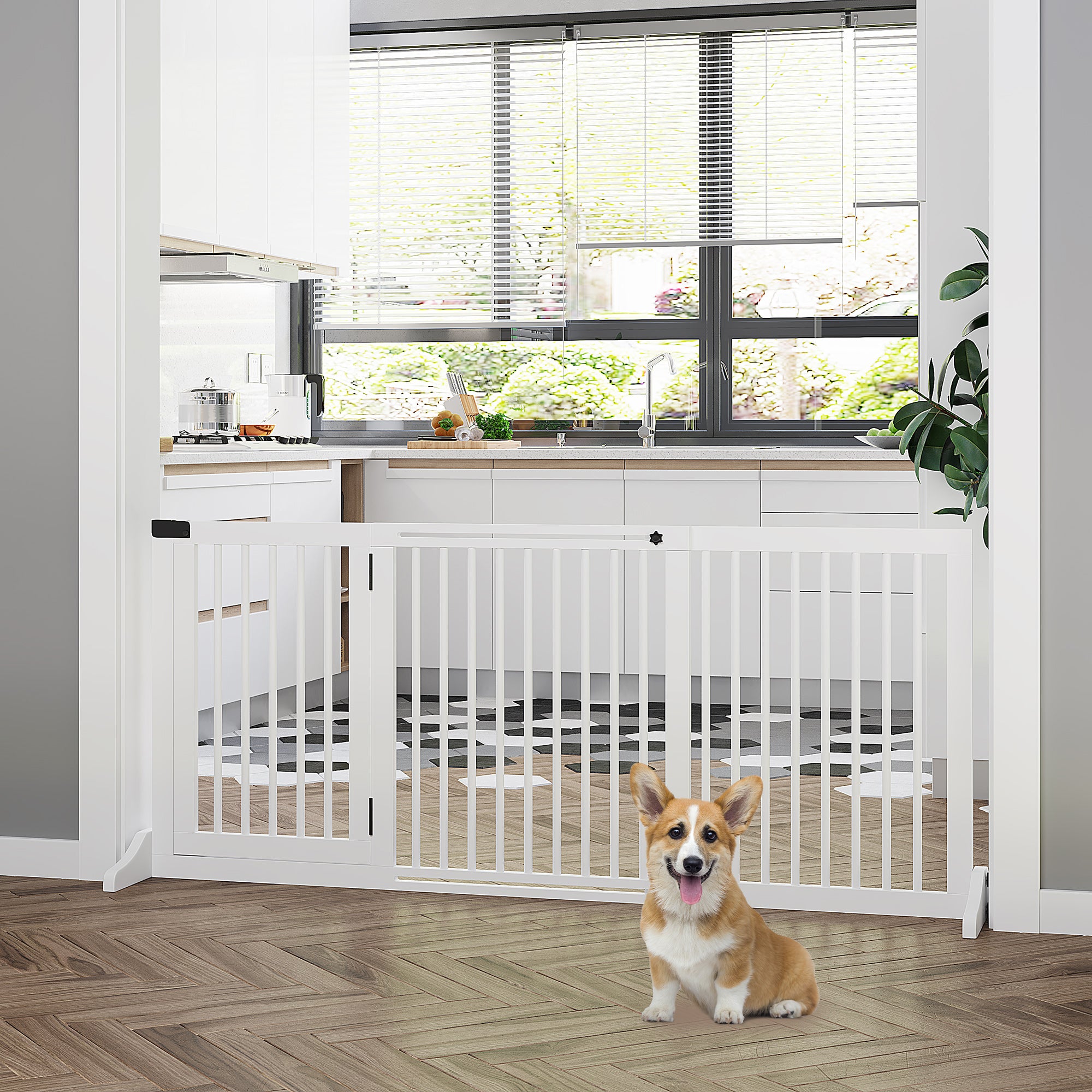 PawHut Wooden Dog Gate, Freestanding Pet Fence for Stair, Doorway, 3 Panels w/ Door, Support Feet for Small Medium Dogs, White, 44.5"- 65"L x 28"H