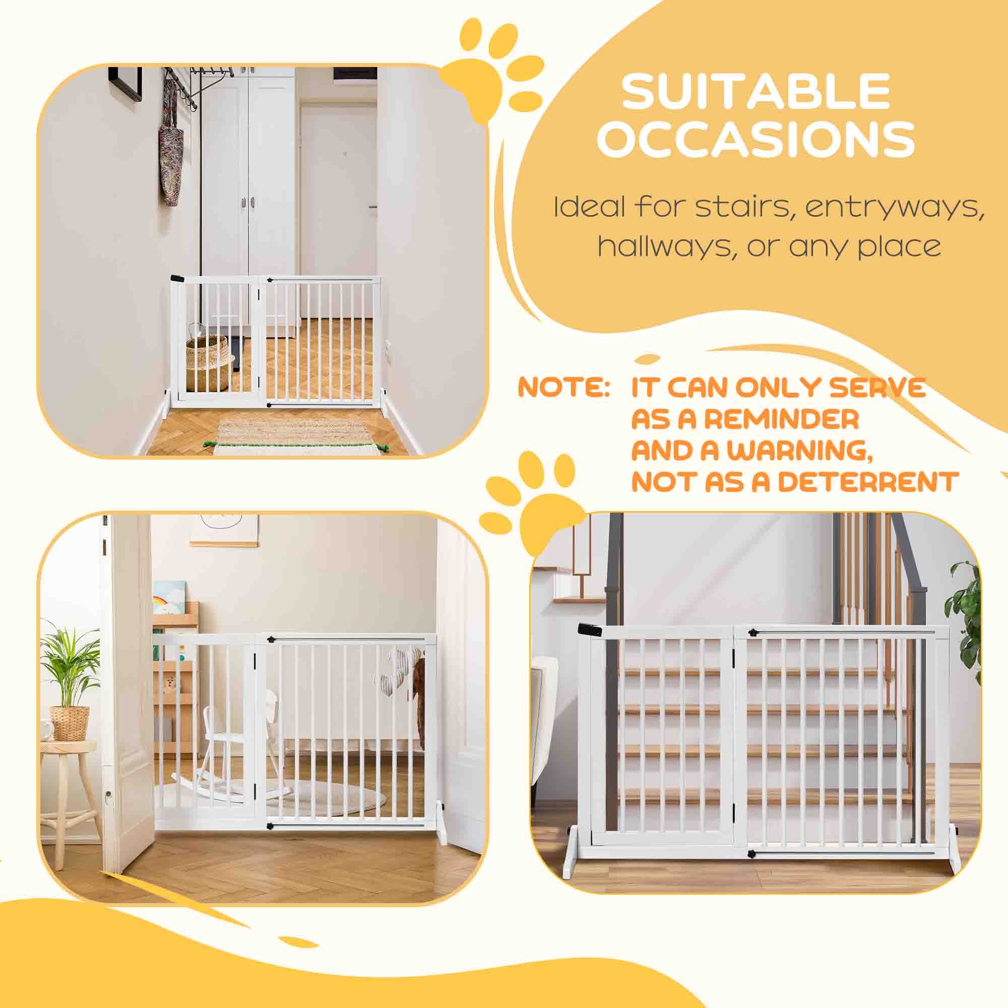 PawHut Wooden Dog Gate, Freestanding Pet Fence for Stair, Doorway, 3 Panels w/ Door, Support Feet for Small Medium Dogs, White, 44.5"- 65"L x 28"H