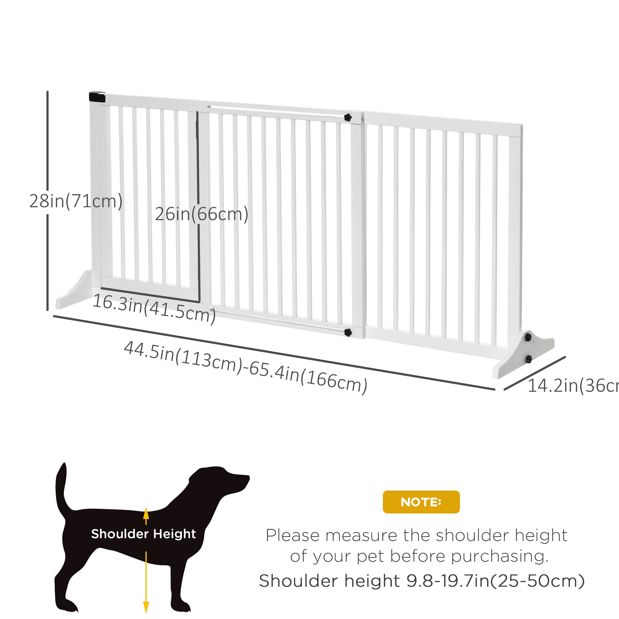 PawHut Wooden Dog Gate, Freestanding Pet Fence for Stair, Doorway, 3 Panels w/ Door, Support Feet for Small Medium Dogs, White, 44.5"- 65"L x 28"H