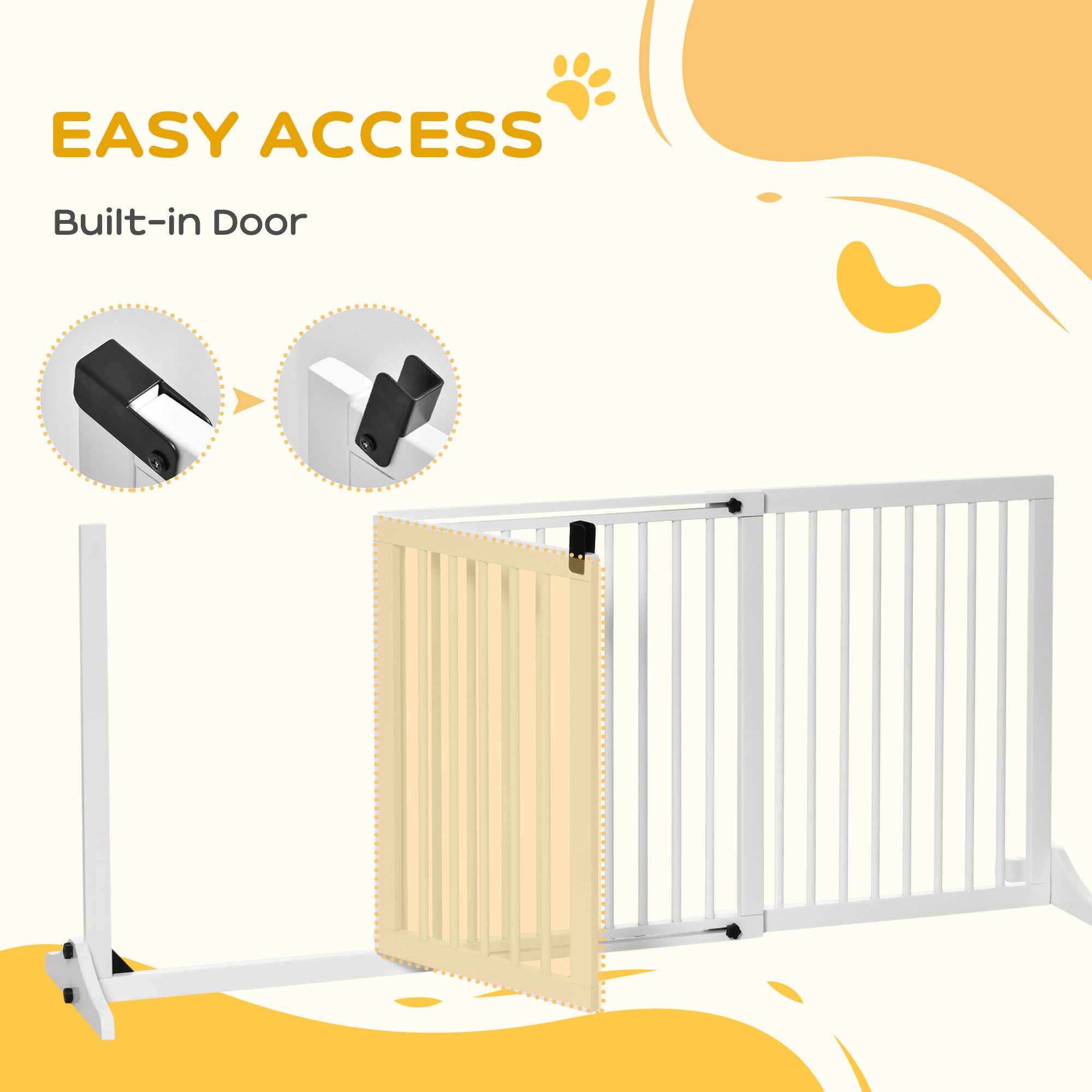 PawHut Wooden Dog Gate, Freestanding Pet Fence for Stair, Doorway, 3 Panels w/ Door, Support Feet for Small Medium Dogs, White, 44.5"- 65"L x 28"H