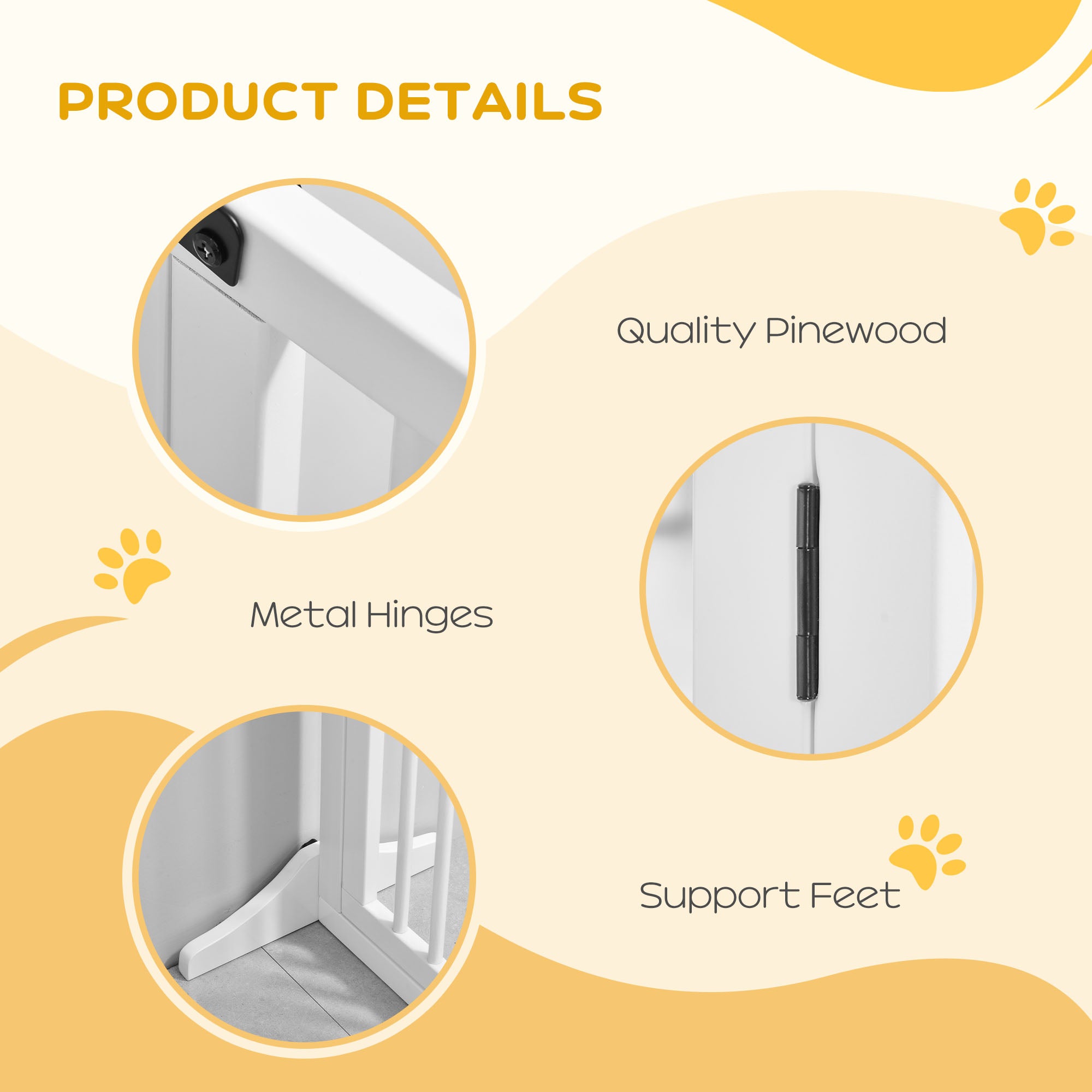PawHut Wooden Dog Gate, Freestanding Pet Fence for Stair, Doorway, 3 Panels w/ Door, Support Feet for Small Medium Dogs, White, 44.5"- 65"L x 28"H