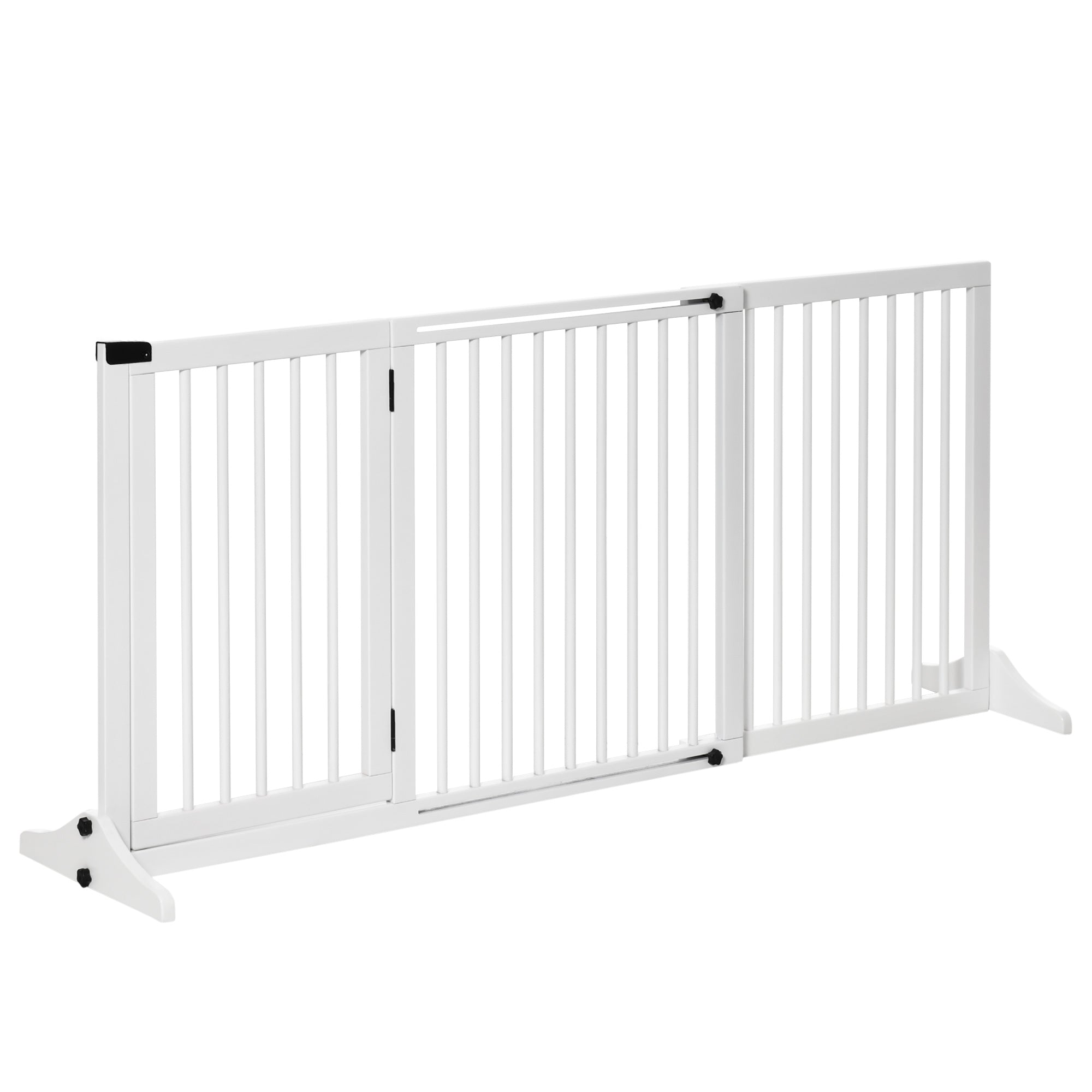 PawHut Wooden Dog Gate, Freestanding Pet Fence for Stair, Doorway, 3 Panels w/ Door, Support Feet for Small Medium Dogs, White, 44.5"- 65"L x 28"H