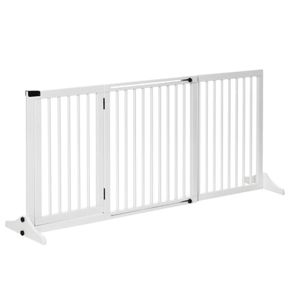 PawHut Wooden Dog Gate, Freestanding Pet Fence for Stair, Doorway, 3 Panels w/ Door, Support Feet for Small Medium Dogs, White, 44.5"- 65"L x 28"H
