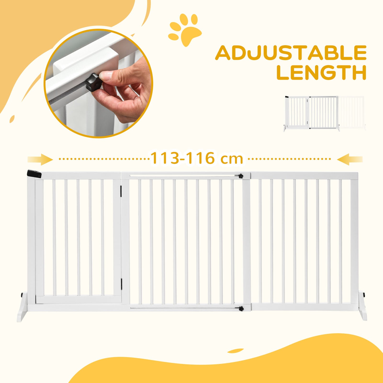 PawHut Wooden Dog Gate, Freestanding Pet Fence for Stair, Doorway, 3 Panels w/ Door, Support Feet for Small Medium Dogs, White, 44.5"- 65"L x 28"H