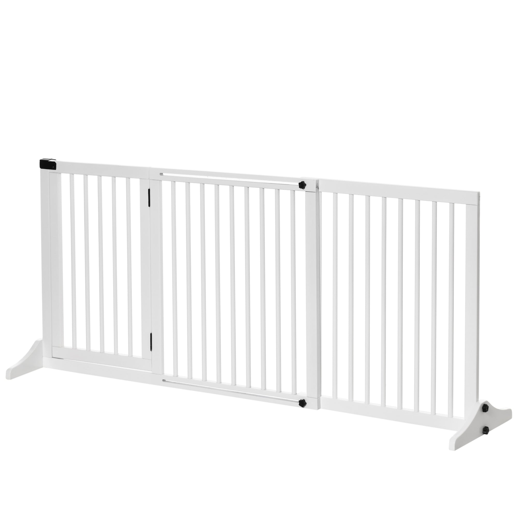 PawHut Wooden Dog Gate, Freestanding Pet Fence for Stair, Doorway, 3 Panels w/ Door, Support Feet for Small Medium Dogs, White, 44.5"- 65"L x 28"H