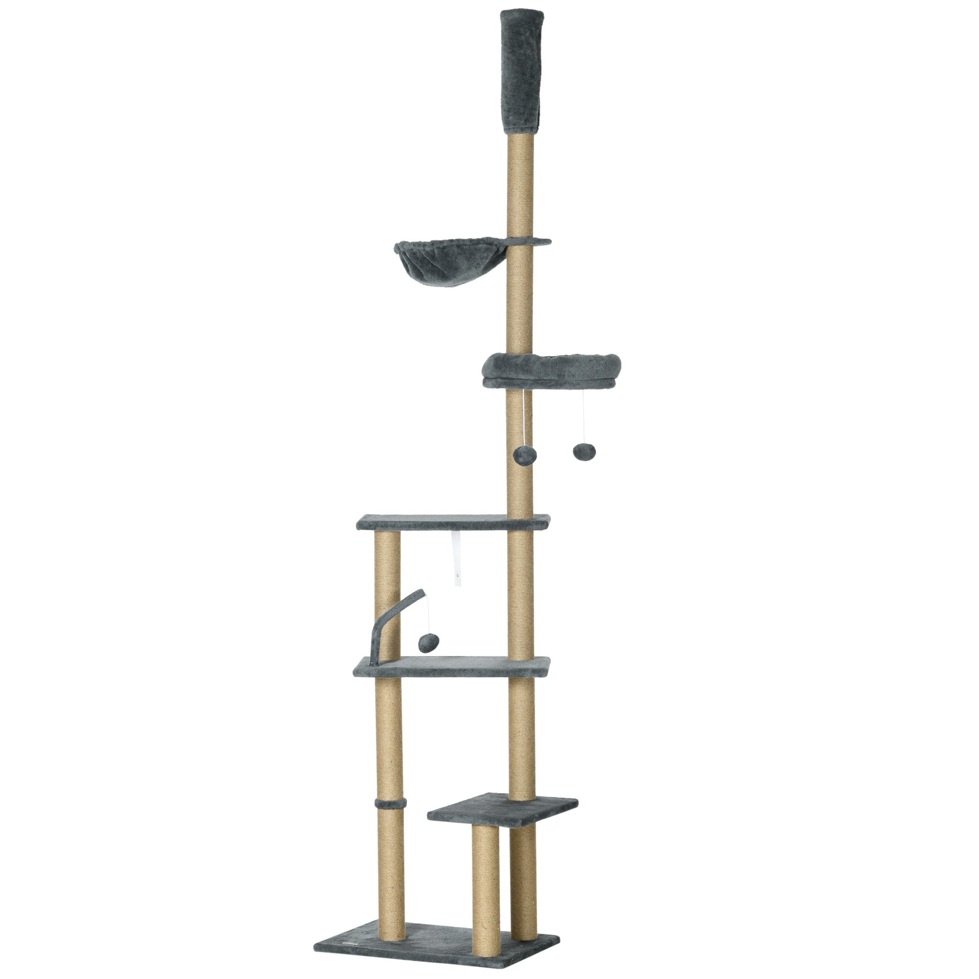 PawHut Floor to Ceiling Cat Tree, 90.5" - 98.5" Adjustable Height Cat Tower with Scratching Post, Dangling Balls, Platforms, Bed, Hammock, Grey