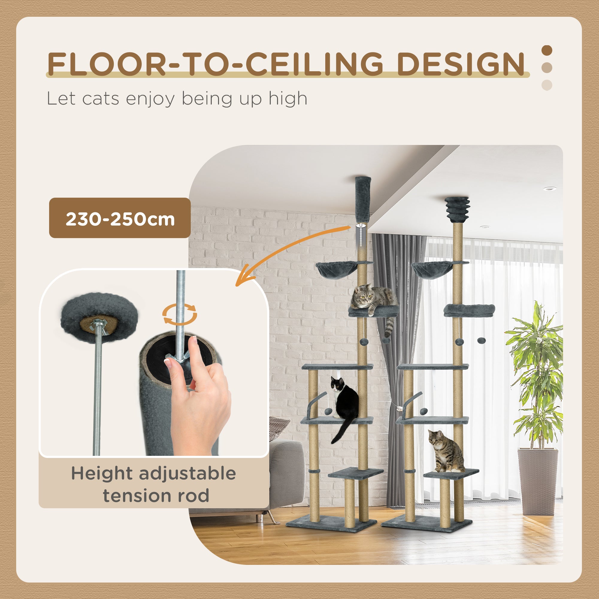 PawHut Floor to Ceiling Cat Tree, 90.5" - 98.5" Adjustable Height Cat Tower with Scratching Post, Dangling Balls, Platforms, Bed, Hammock, Grey