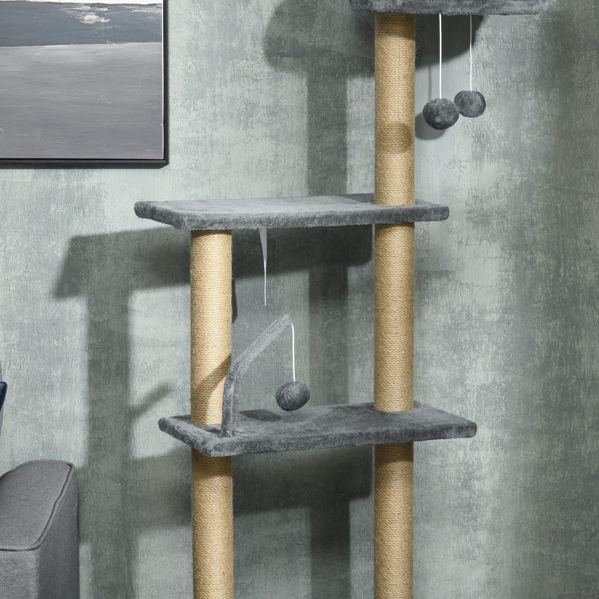 PawHut Floor to Ceiling Cat Tree, 90.5" - 98.5" Adjustable Height Cat Tower with Scratching Post, Dangling Balls, Platforms, Bed, Hammock, Grey