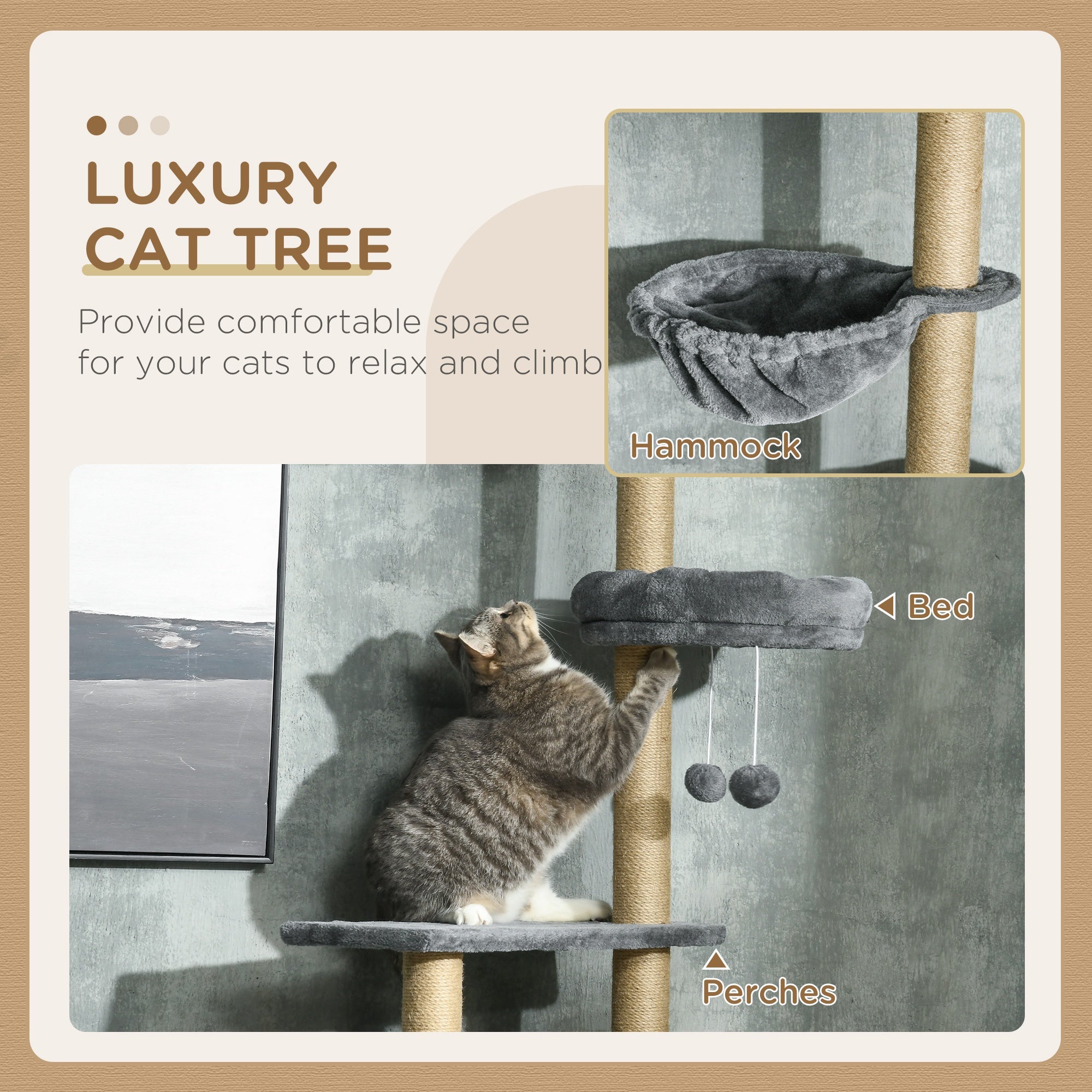PawHut Floor to Ceiling Cat Tree, 90.5" - 98.5" Adjustable Height Cat Tower with Scratching Post, Dangling Balls, Platforms, Bed, Hammock, Grey