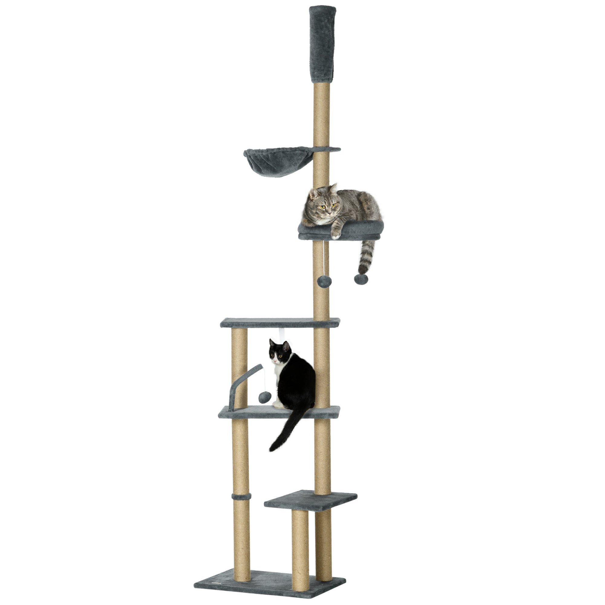 PawHut Floor to Ceiling Cat Tree, 90.5" - 98.5" Adjustable Height Cat Tower with Scratching Post, Dangling Balls, Platforms, Bed, Hammock, Grey