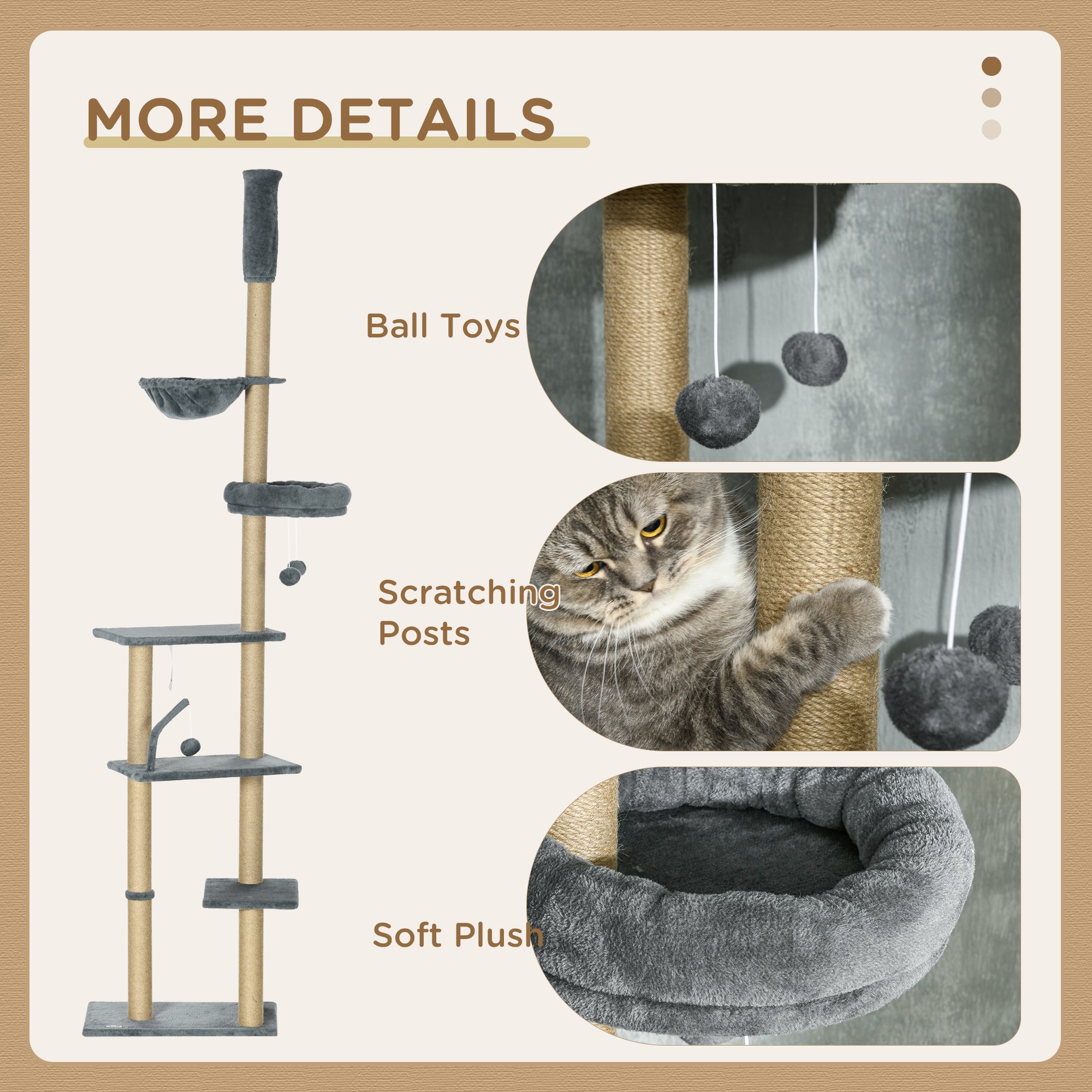 PawHut Floor to Ceiling Cat Tree, 90.5" - 98.5" Adjustable Height Cat Tower with Scratching Post, Dangling Balls, Platforms, Bed, Hammock, Grey