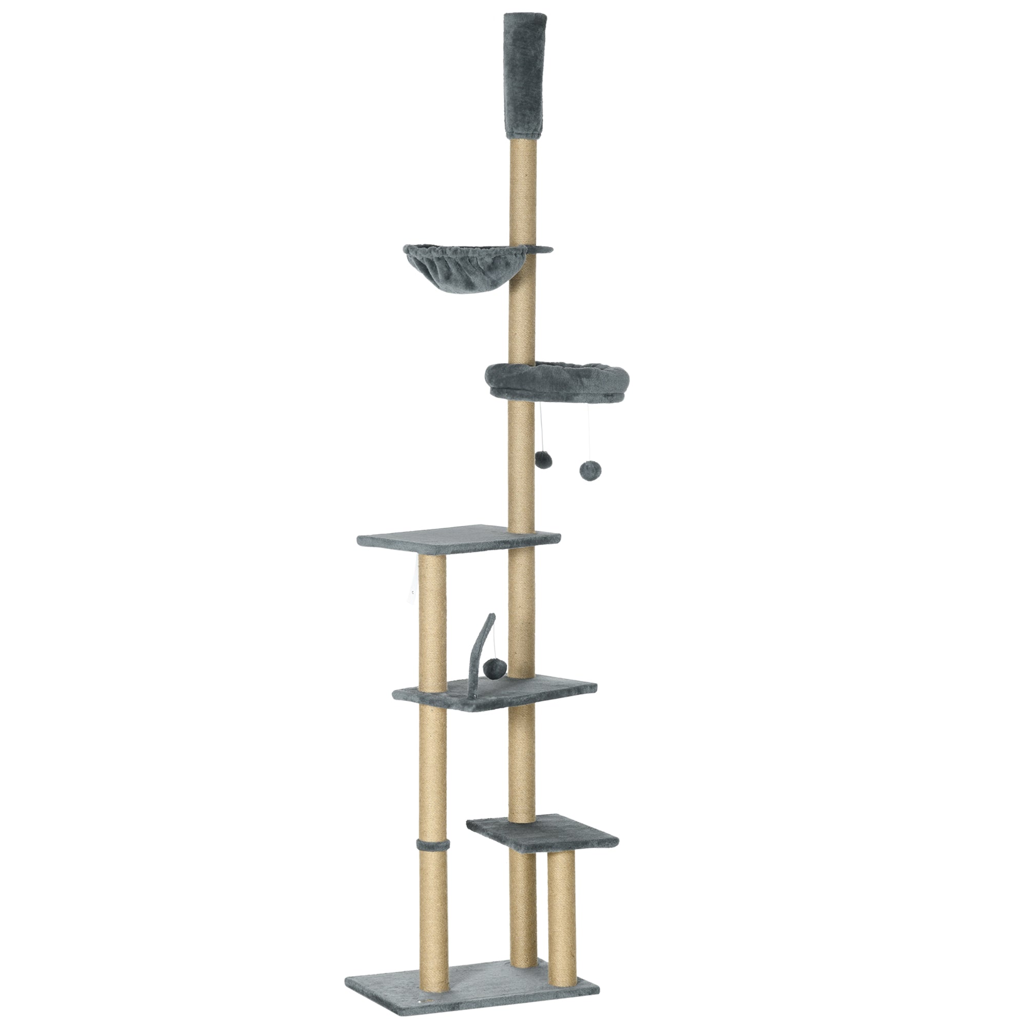 PawHut Floor to Ceiling Cat Tree, 90.5" - 98.5" Adjustable Height Cat Tower with Scratching Post, Dangling Balls, Platforms, Bed, Hammock, Grey