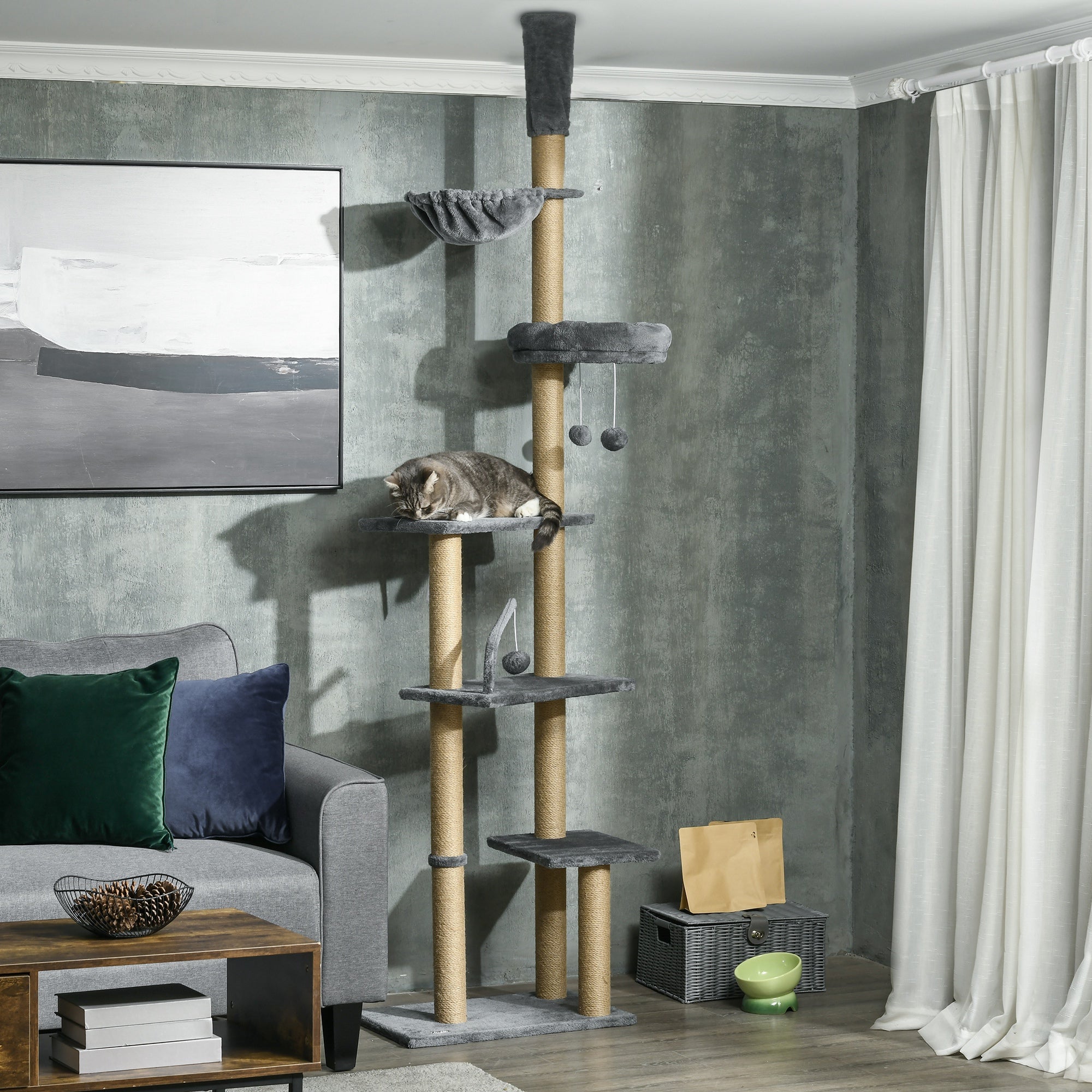 PawHut Floor to Ceiling Cat Tree, 90.5" - 98.5" Adjustable Height Cat Tower with Scratching Post, Dangling Balls, Platforms, Bed, Hammock, Grey