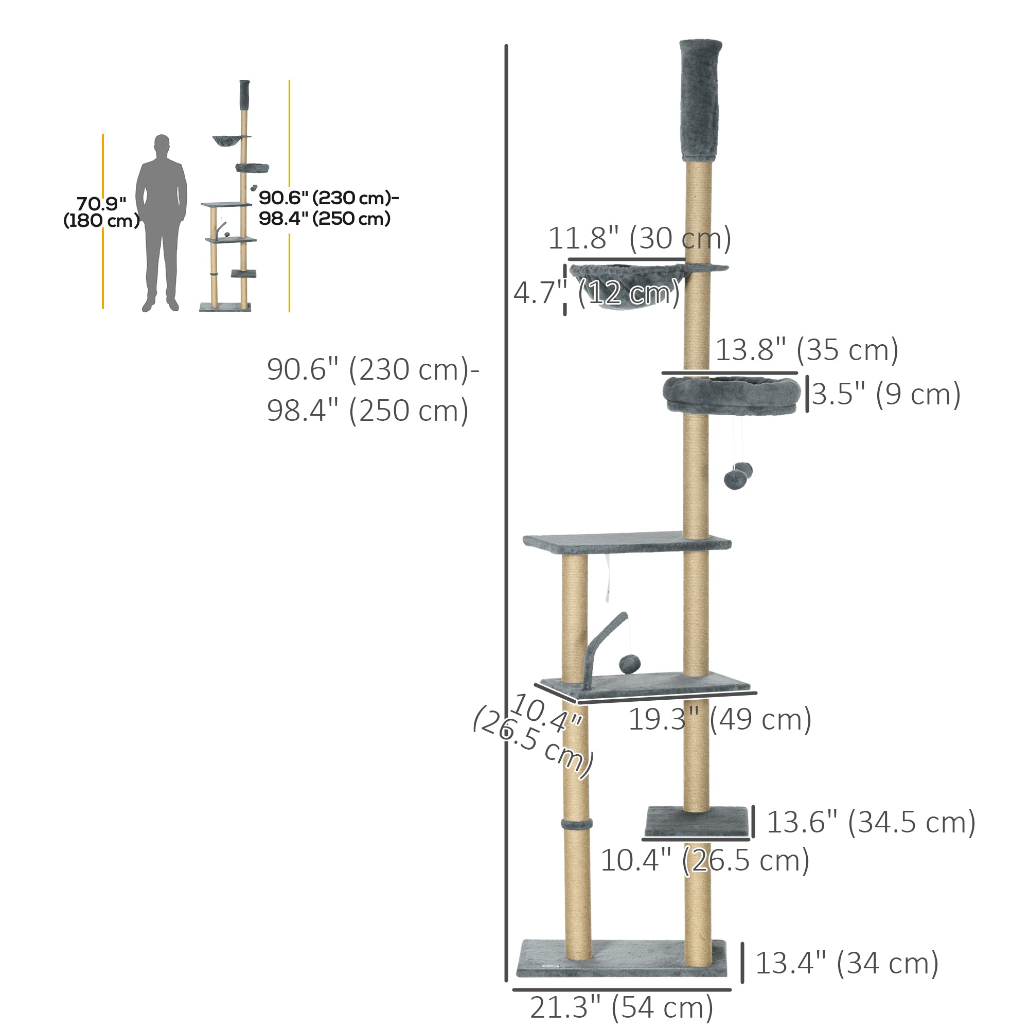 PawHut Floor to Ceiling Cat Tree, 90.5" - 98.5" Adjustable Height Cat Tower with Scratching Post, Dangling Balls, Platforms, Bed, Hammock, Grey