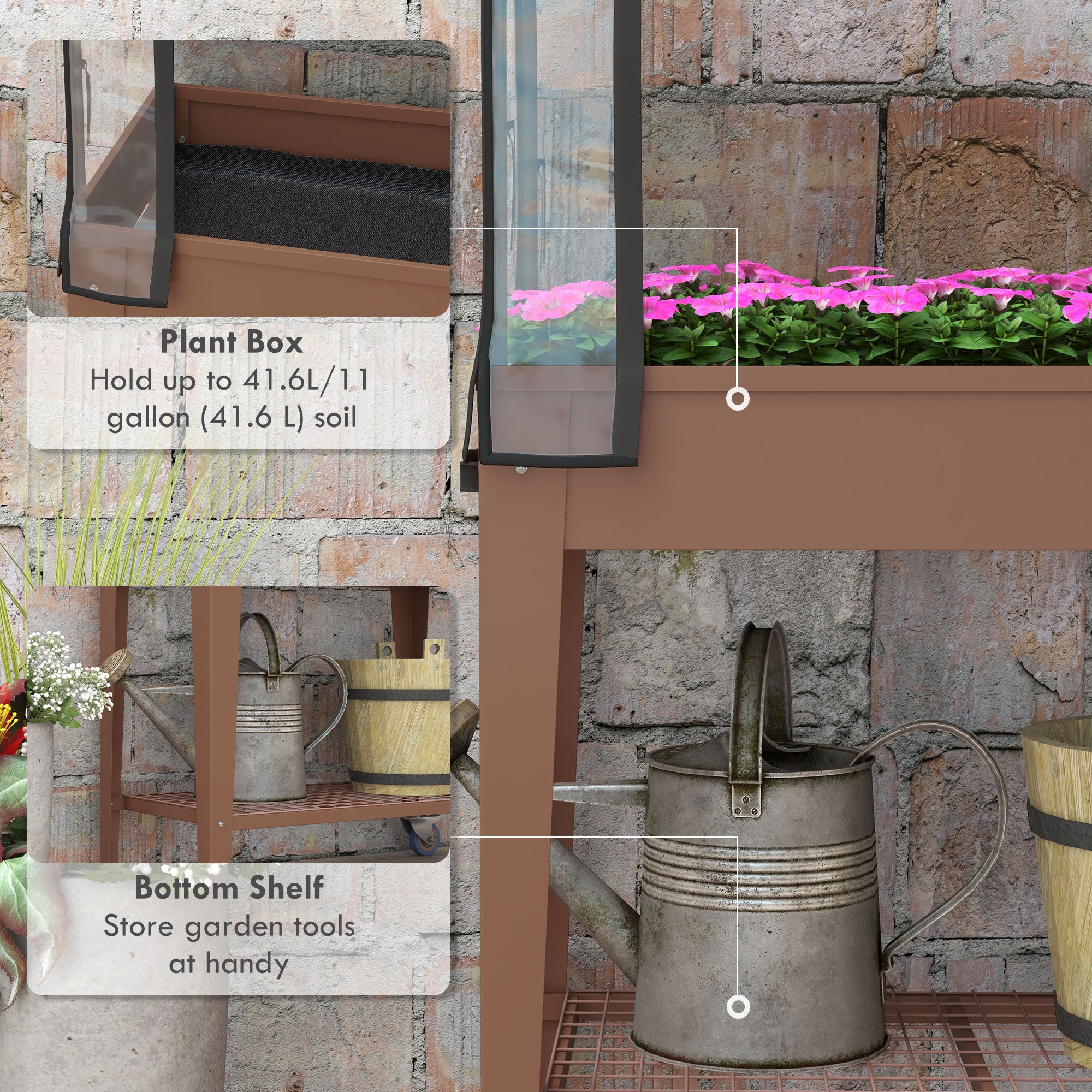 Outsunny Raised Garden Bed with Greenhouse Cover and Zippered Roll-up Door, 3' x 1' x 4' Mobile Elevated Planter Box on Wheels with Shelf for Vegetables, Flowers, Herbs, Brown