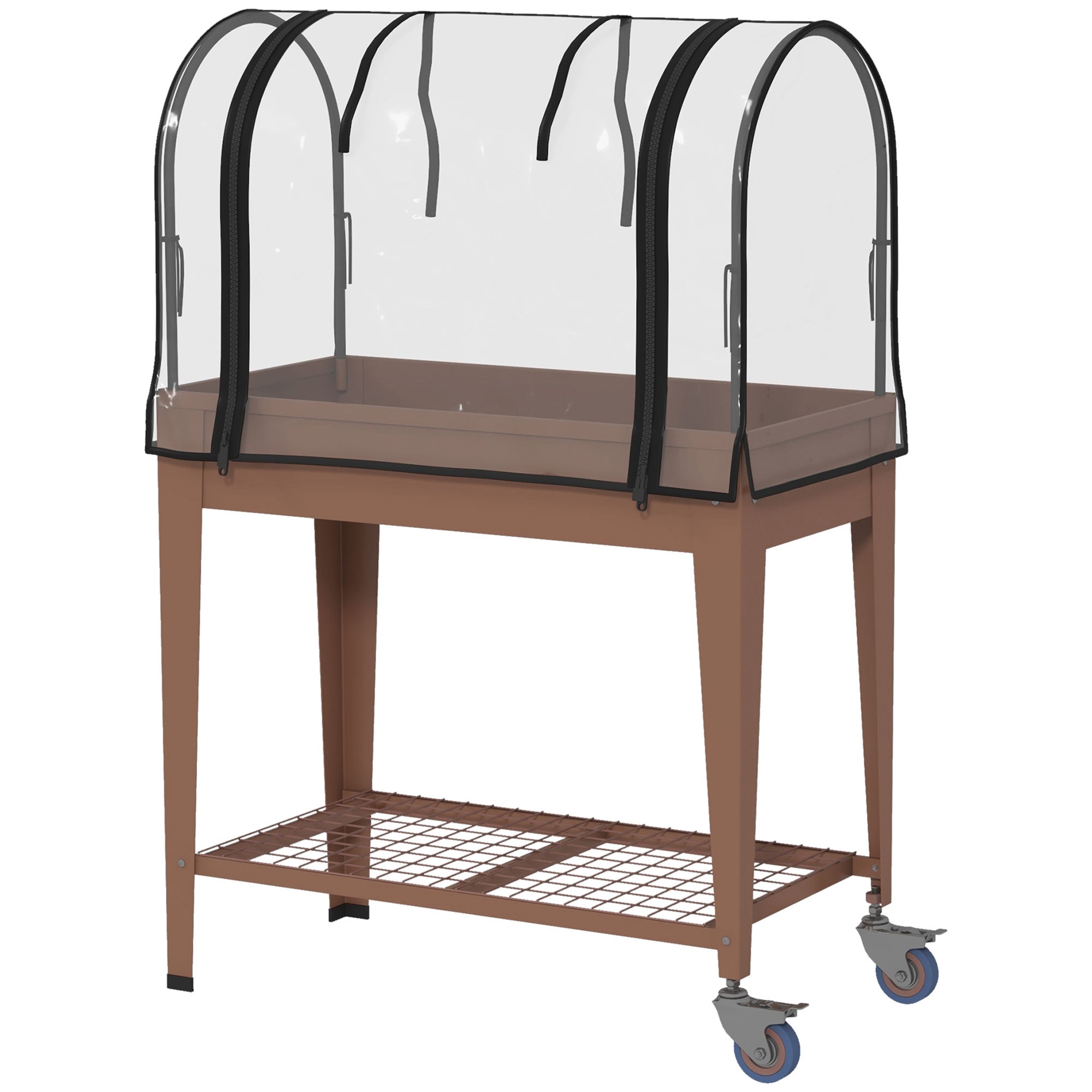 Outsunny Raised Garden Bed with Greenhouse Cover and Zippered Roll-up Door, 3' x 1' x 4' Mobile Elevated Planter Box on Wheels with Shelf for Vegetables, Flowers, Herbs, Brown