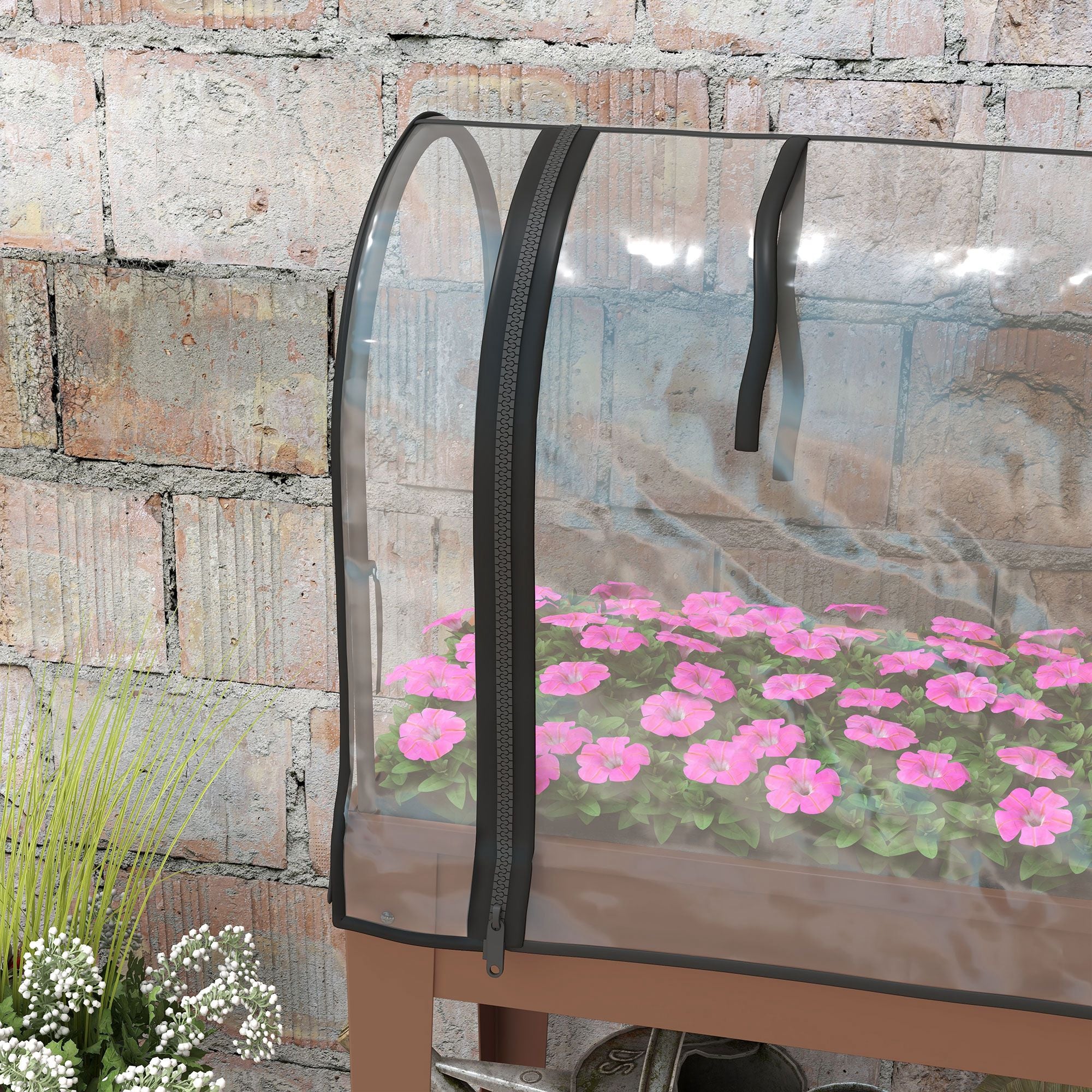 Outsunny Raised Garden Bed with Greenhouse Cover and Zippered Roll-up Door, 3' x 1' x 4' Mobile Elevated Planter Box on Wheels with Shelf for Vegetables, Flowers, Herbs, Brown