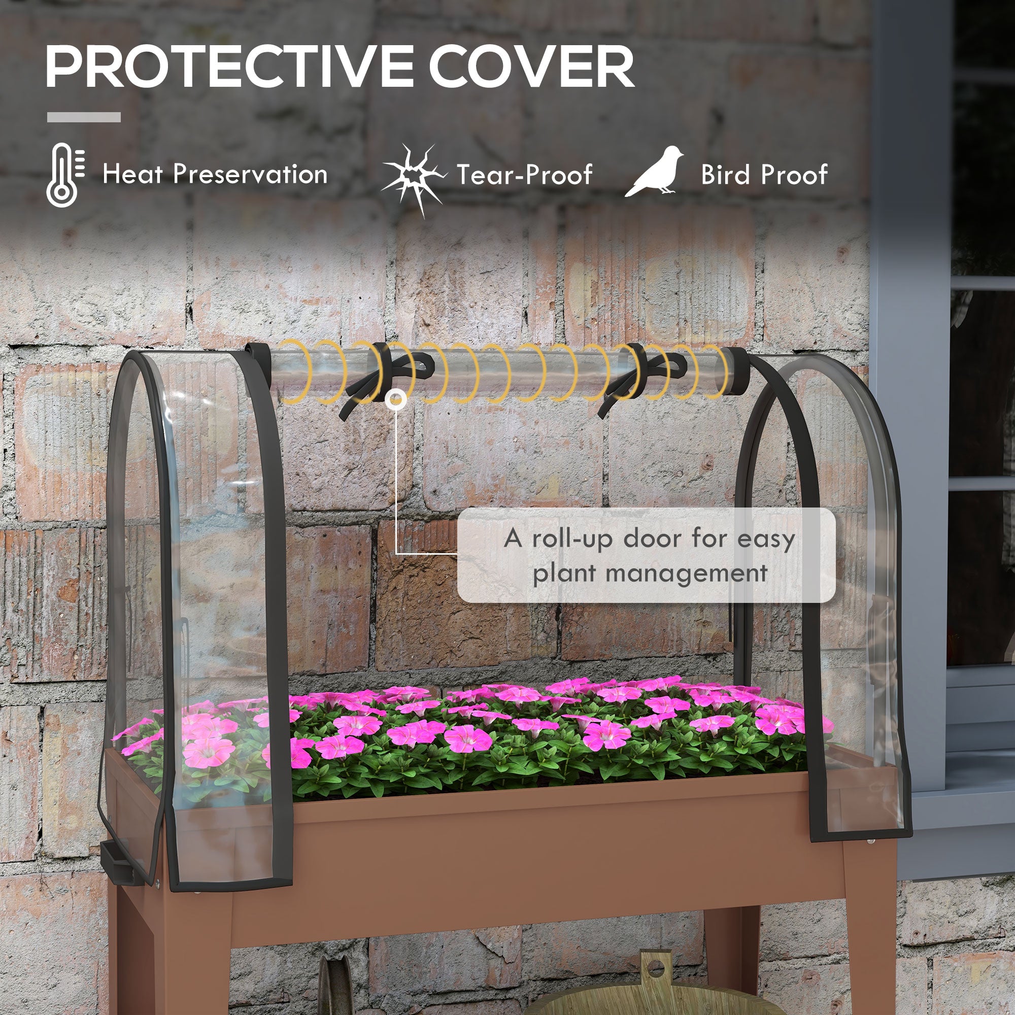 Outsunny Raised Garden Bed with Greenhouse Cover and Zippered Roll-up Door, 3' x 1' x 4' Mobile Elevated Planter Box on Wheels with Shelf for Vegetables, Flowers, Herbs, Brown