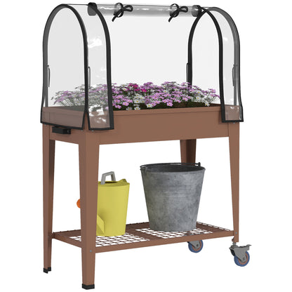 Outsunny Raised Garden Bed with Greenhouse Cover and Zippered Roll-up Door, 3' x 1' x 4' Mobile Elevated Planter Box on Wheels with Shelf for Vegetables, Flowers, Herbs, Brown