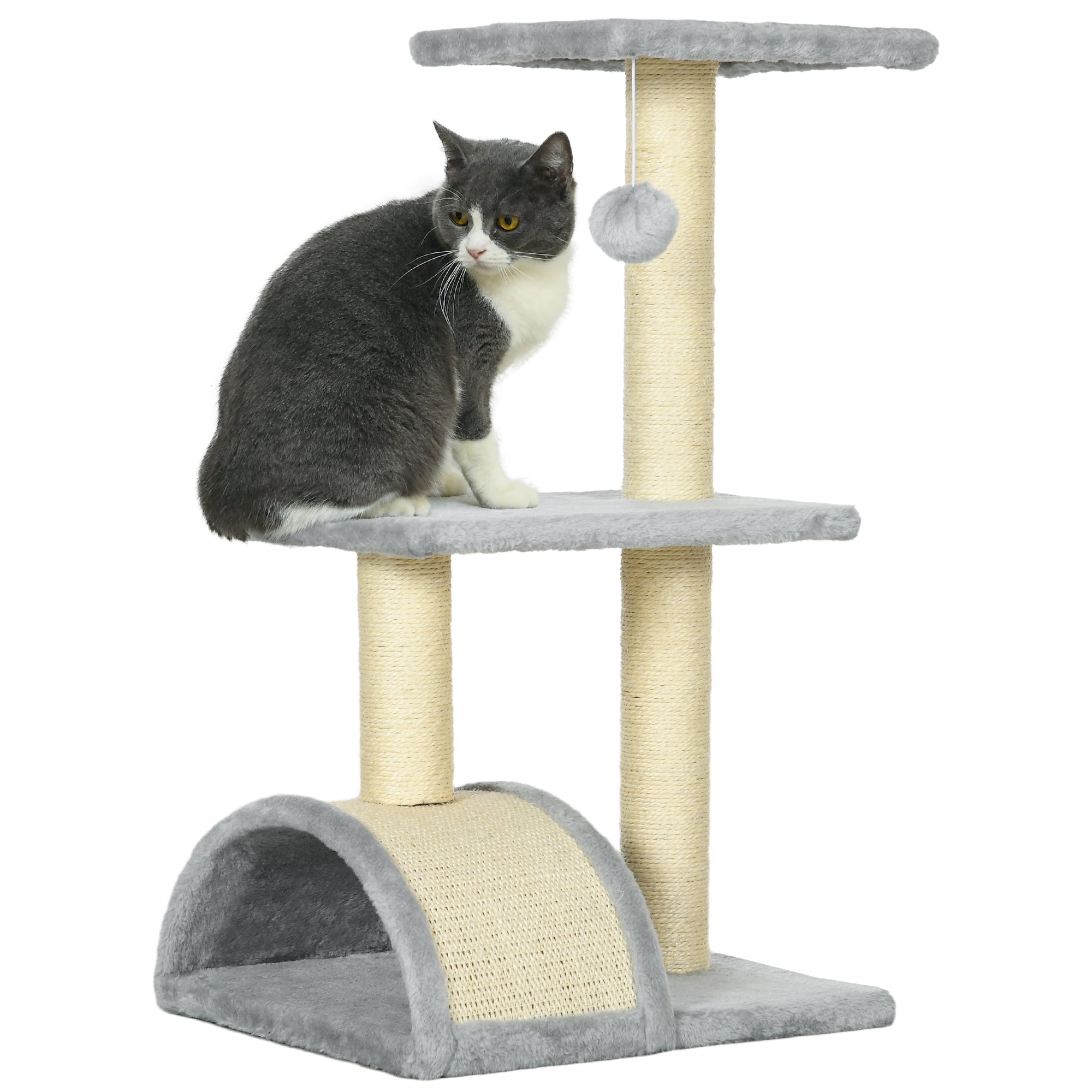 PawHut Cat Tree Tower for Indoor Cats, 28 Inches Climbing Activity Center w/ Sisal Scratching Post, Pad, Arc Perch, Hanging Ball, Toy, Light Grey and Cream White