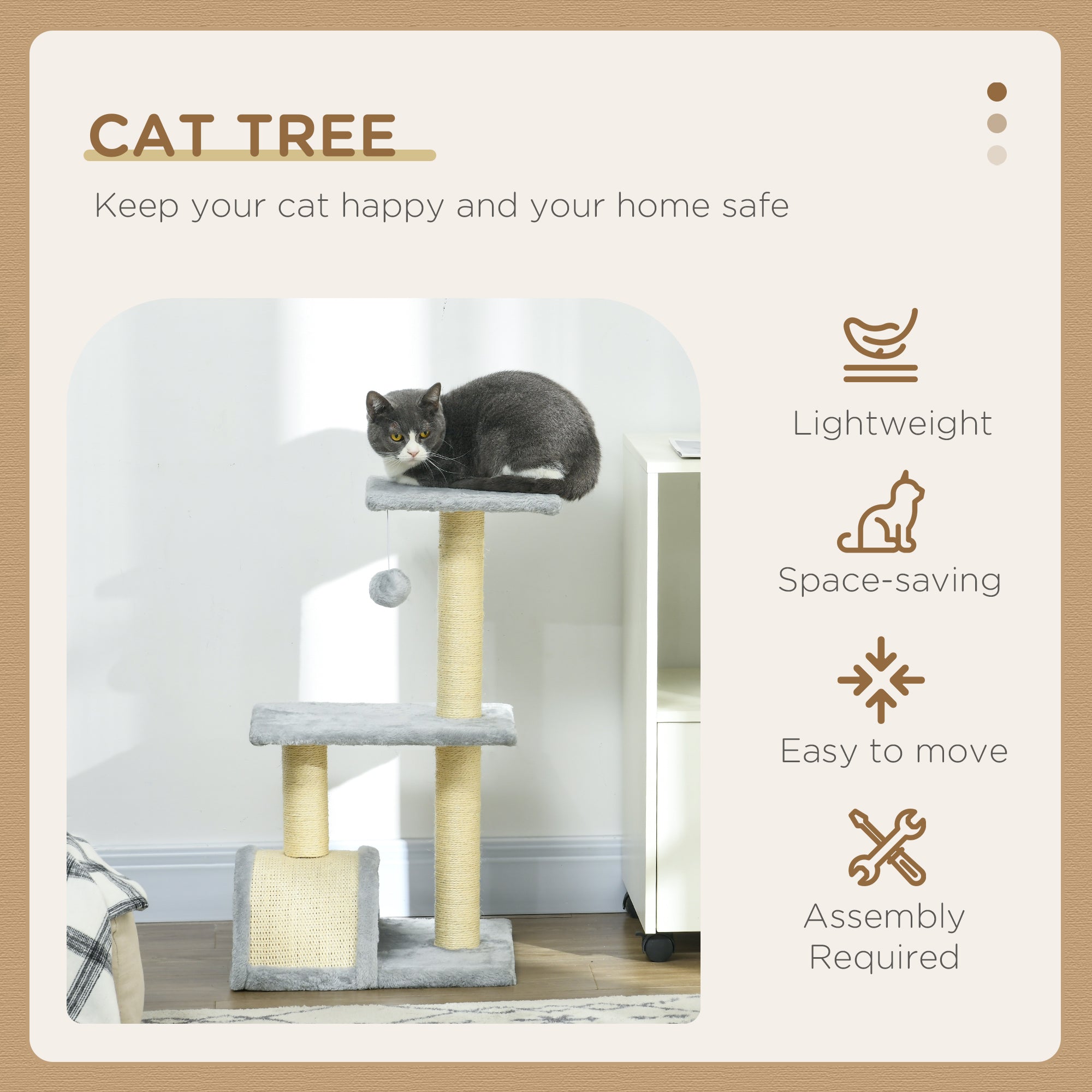 PawHut Cat Tree Tower for Indoor Cats, 72cm Climbing Activity Centre w/ Sisal Scratching Post, Pad, Arc Perch, Hanging Ball, Toy - Light Grey