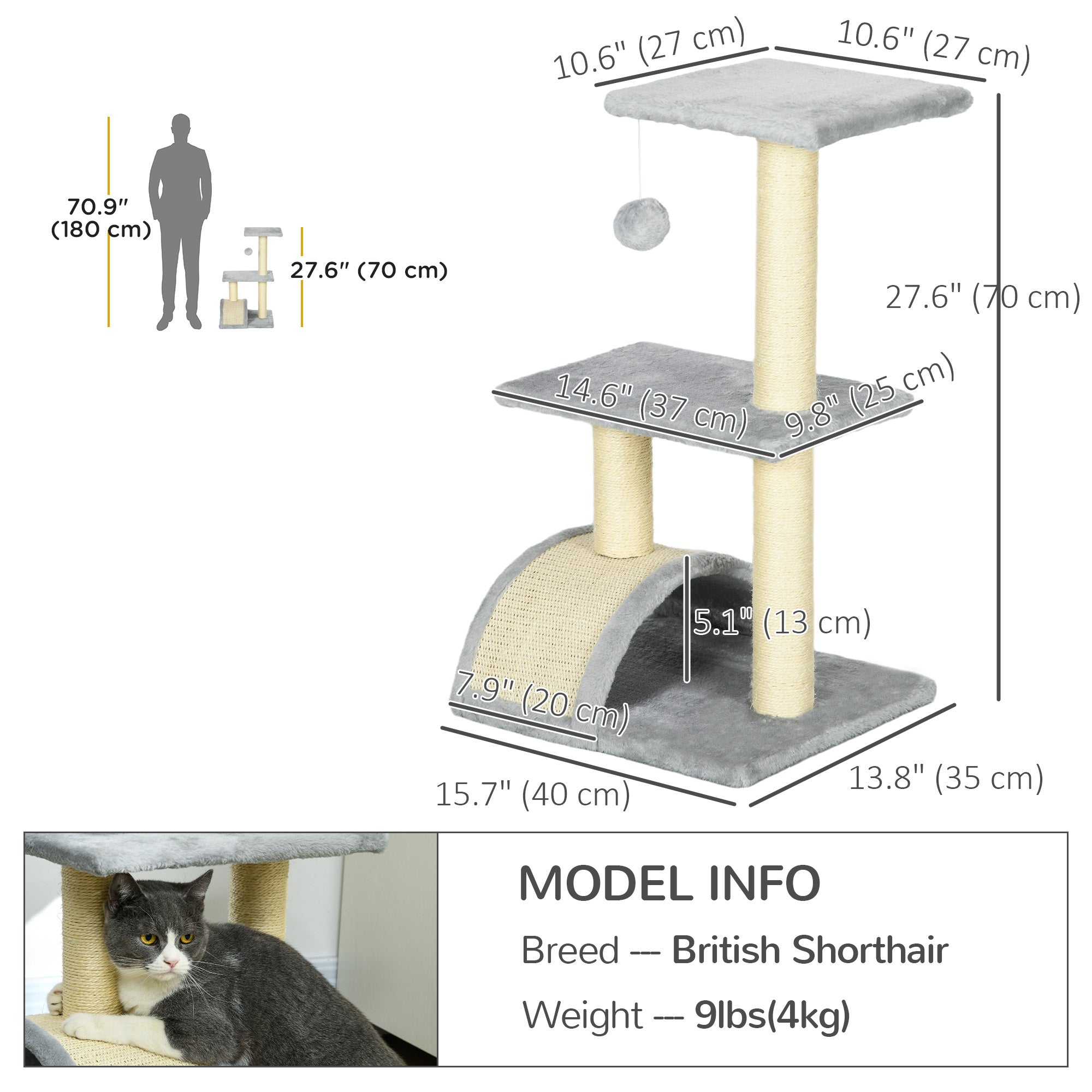 PawHut Cat Tree Tower for Indoor Cats, 28 Inches Climbing Activity Center w/ Sisal Scratching Post, Pad, Arc Perch, Hanging Ball, Toy, Light Grey and Cream White