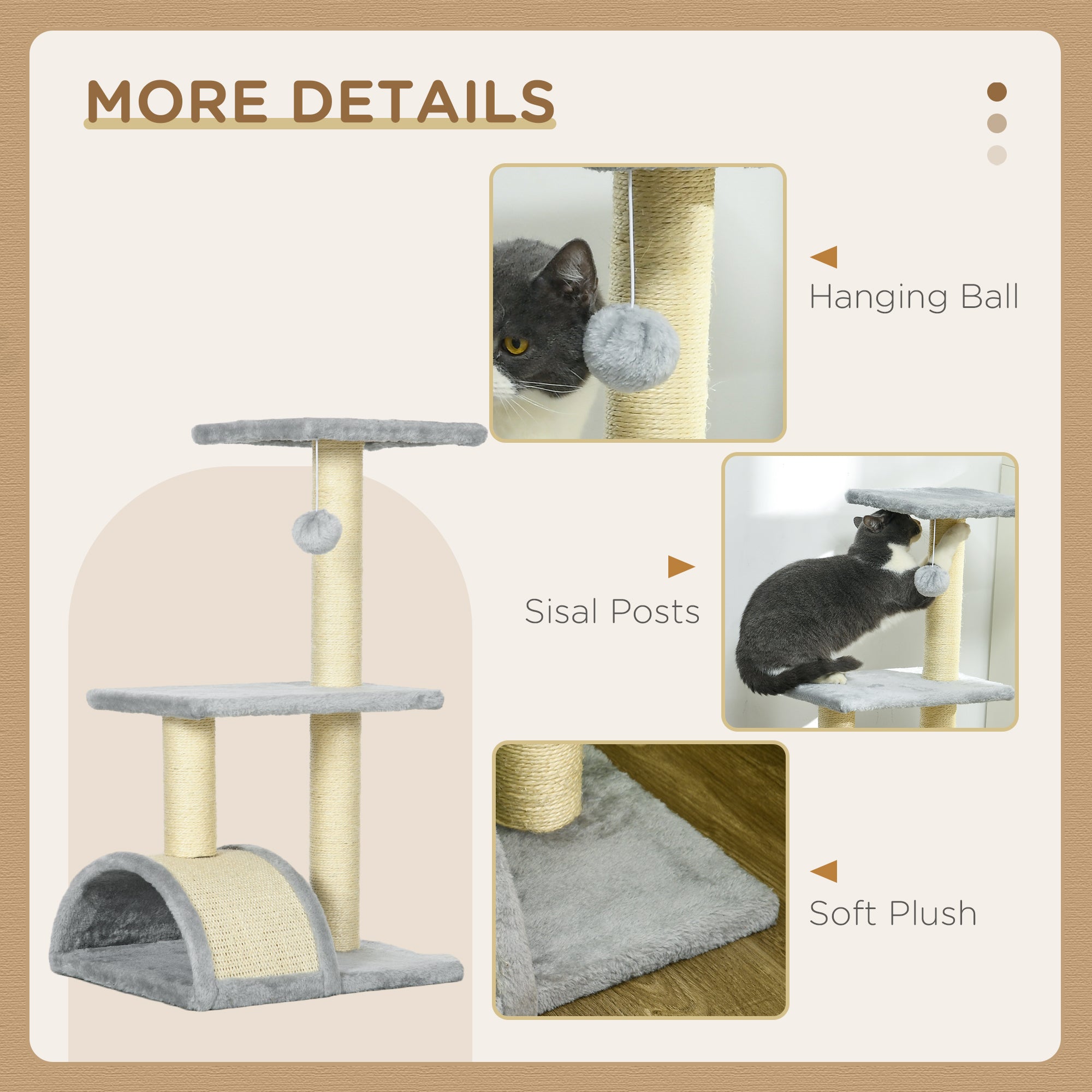 PawHut Cat Tree Tower for Indoor Cats, 72cm Climbing Activity Centre w/ Sisal Scratching Post, Pad, Arc Perch, Hanging Ball, Toy - Light Grey