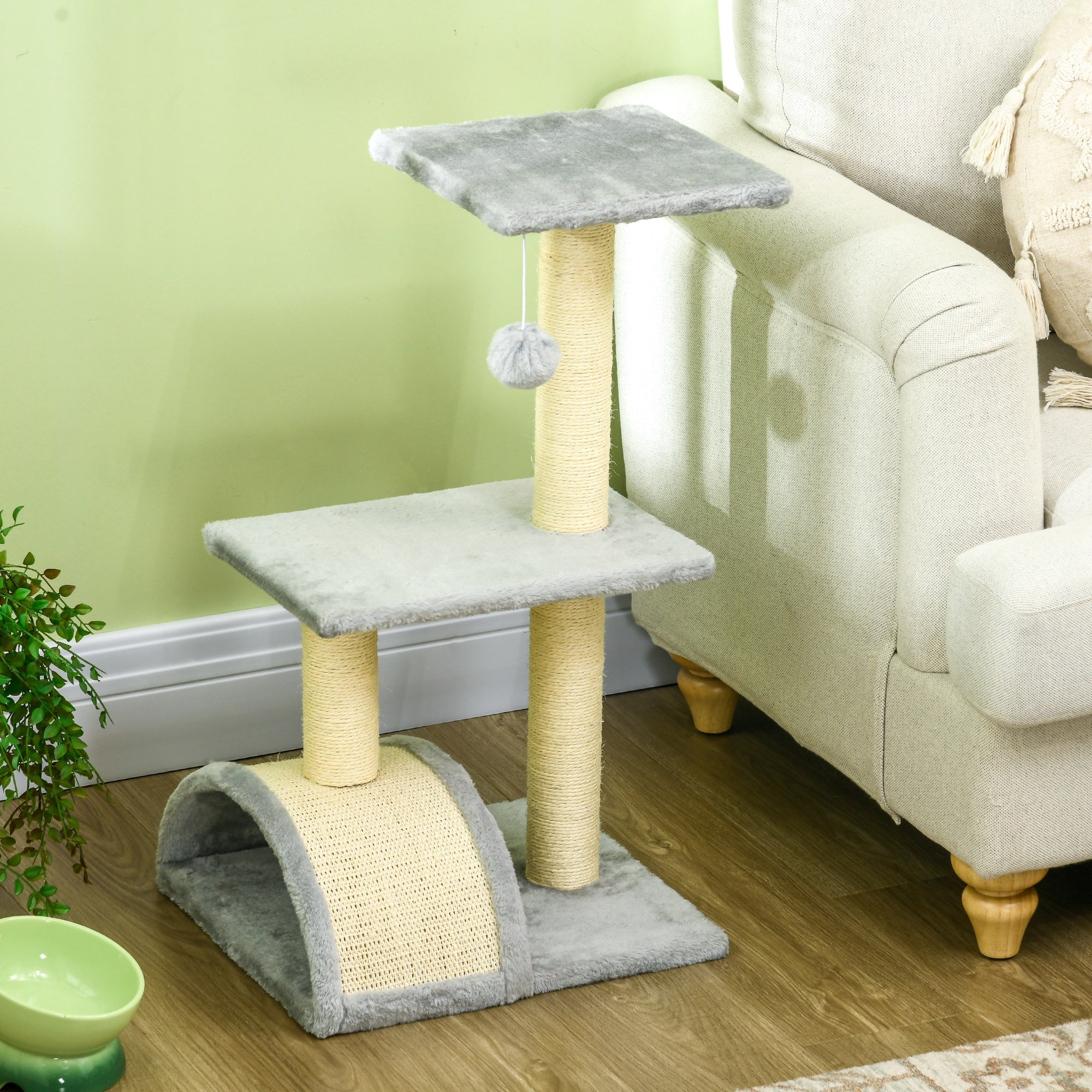 PawHut Cat Tree Tower for Indoor Cats, 28 Inches Climbing Activity Center w/ Sisal Scratching Post, Pad, Arc Perch, Hanging Ball, Toy, Light Grey and Cream White