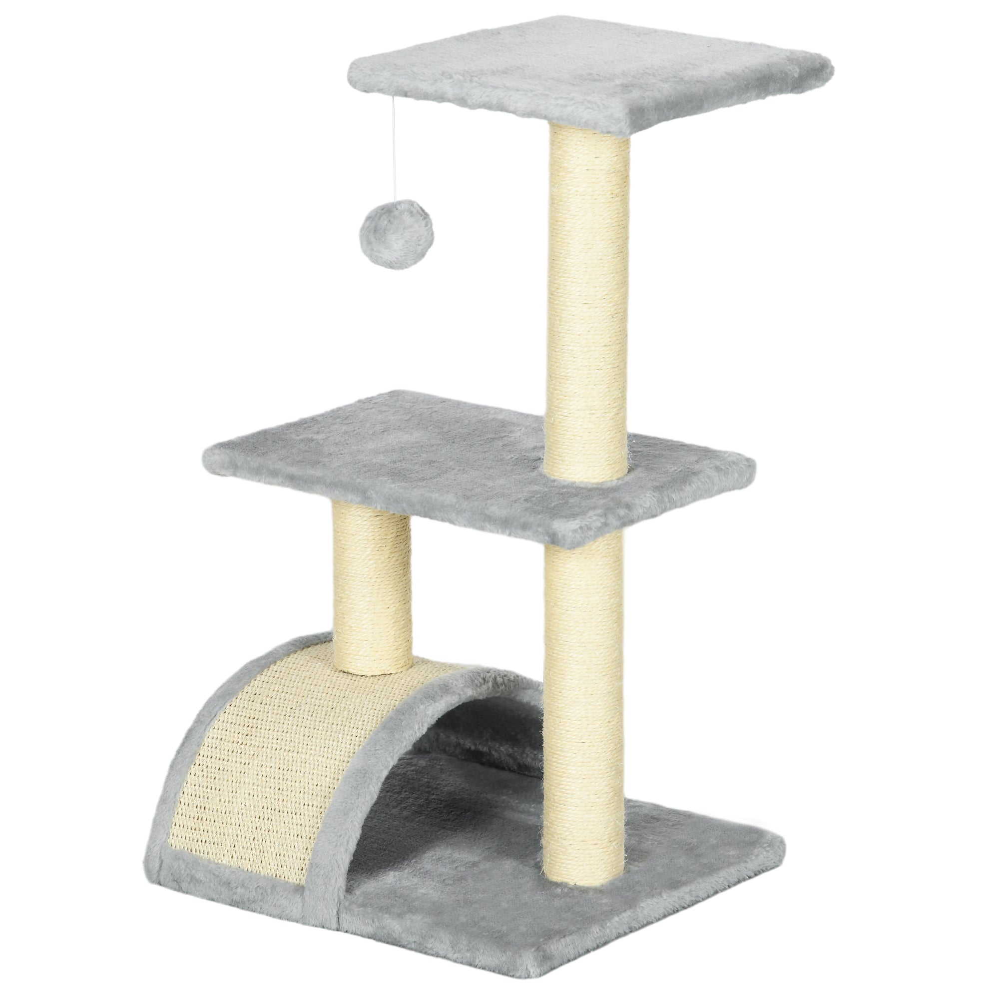 PawHut Cat Tree Tower for Indoor Cats, 28 Inches Climbing Activity Center w/ Sisal Scratching Post, Pad, Arc Perch, Hanging Ball, Toy, Light Grey and Cream White
