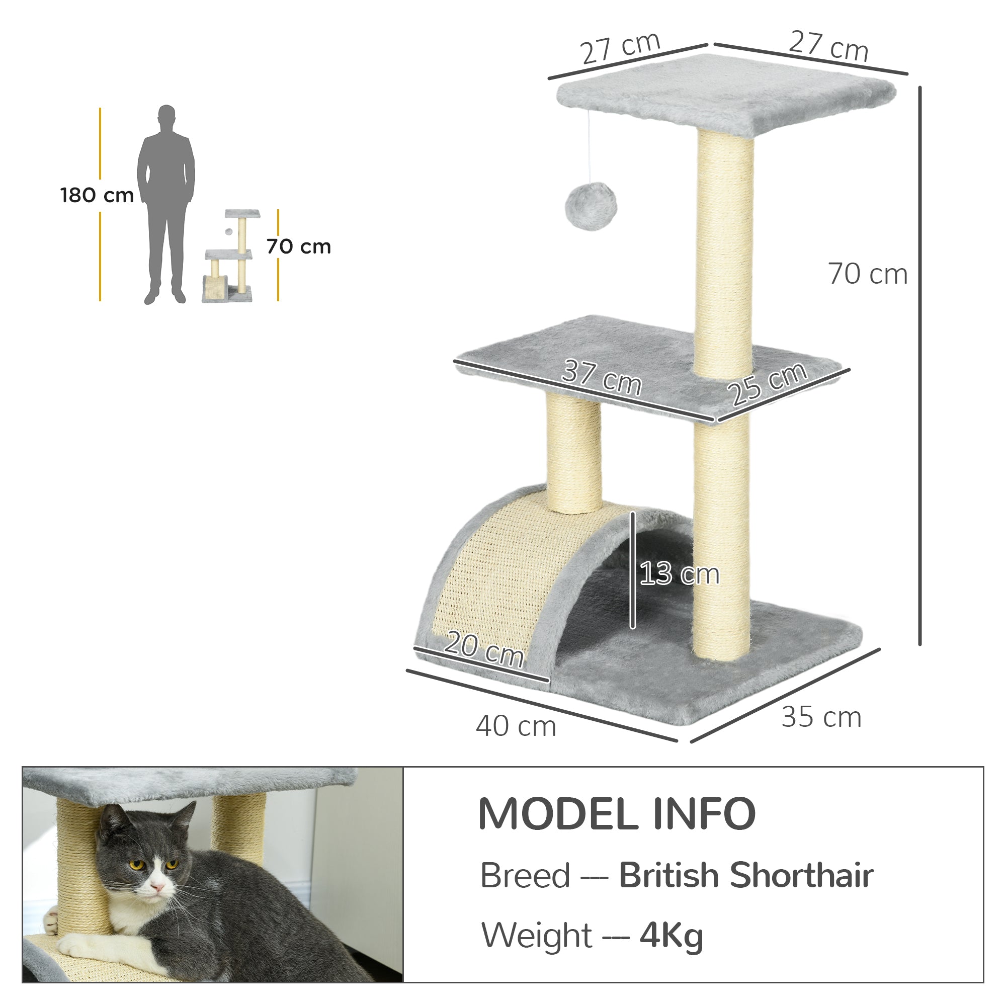 PawHut Cat Tree Tower for Indoor Cats, 72cm Climbing Activity Centre w/ Sisal Scratching Post, Pad, Arc Perch, Hanging Ball, Toy - Light Grey