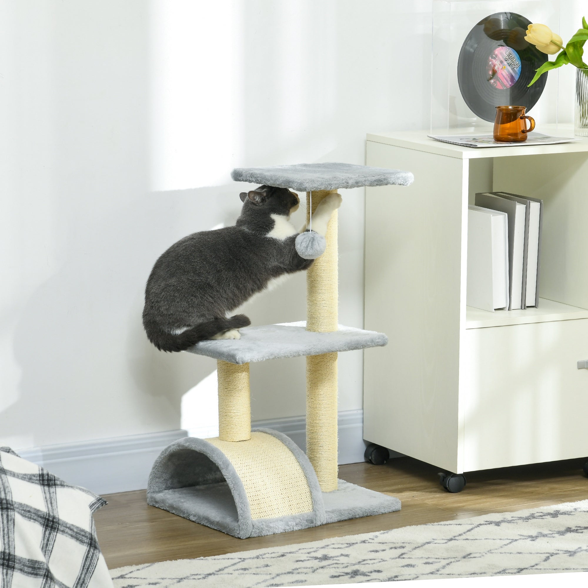 PawHut Cat Tree Tower for Indoor Cats, 28 Inches Climbing Activity Center w/ Sisal Scratching Post, Pad, Arc Perch, Hanging Ball, Toy, Light Grey and Cream White