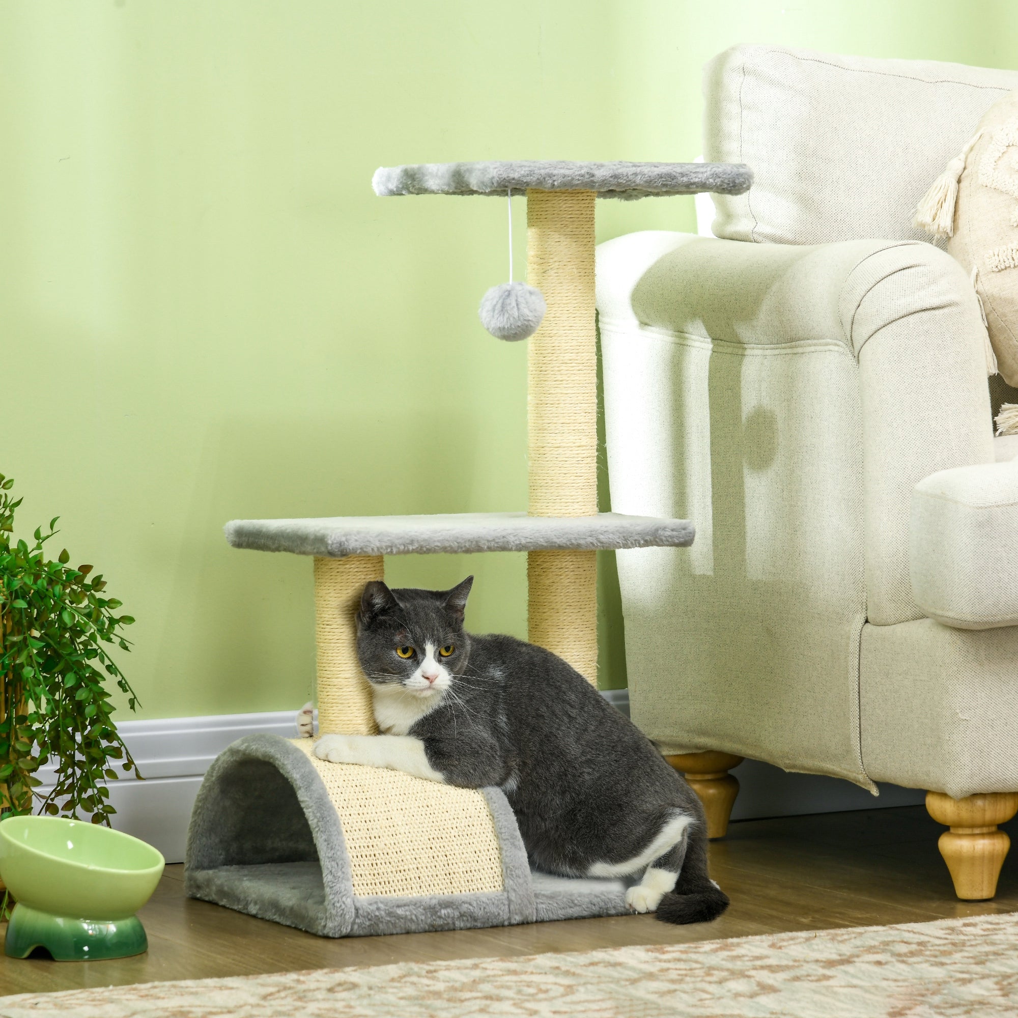 PawHut Cat Tree Tower for Indoor Cats, 28 Inches Climbing Activity Center w/ Sisal Scratching Post, Pad, Arc Perch, Hanging Ball, Toy, Light Grey and Cream White