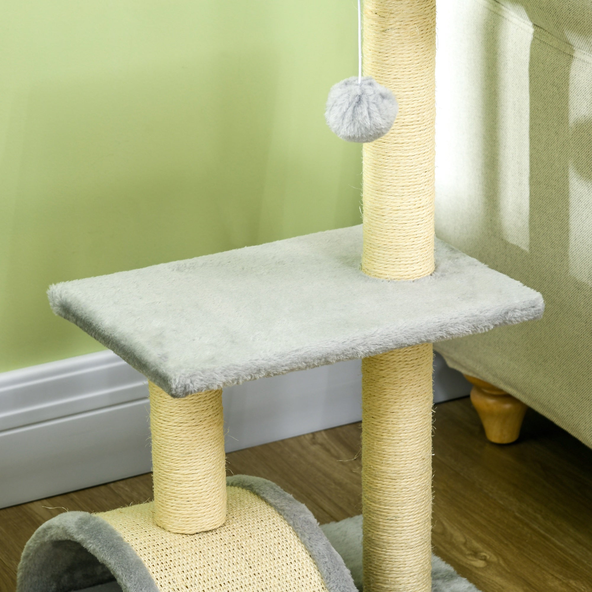 PawHut Cat Tree Tower for Indoor Cats, 72cm Climbing Activity Centre w/ Sisal Scratching Post, Pad, Arc Perch, Hanging Ball, Toy - Light Grey