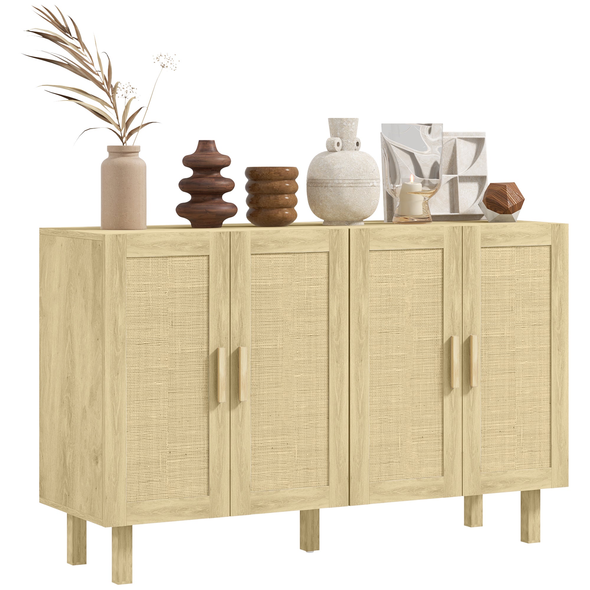 HOMCOM Sideboard Buffet Cabinet, Coffee Bar Cabinet with 4 Rattan Doors and Adjustable Shelves for Kitchen, Living Room, Natural