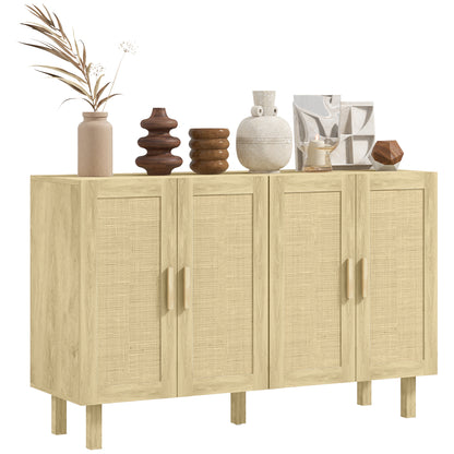 HOMCOM Sideboard Buffet Cabinet, Coffee Bar Cabinet with 4 Rattan Doors and Adjustable Shelves for Kitchen, Living Room, Natural