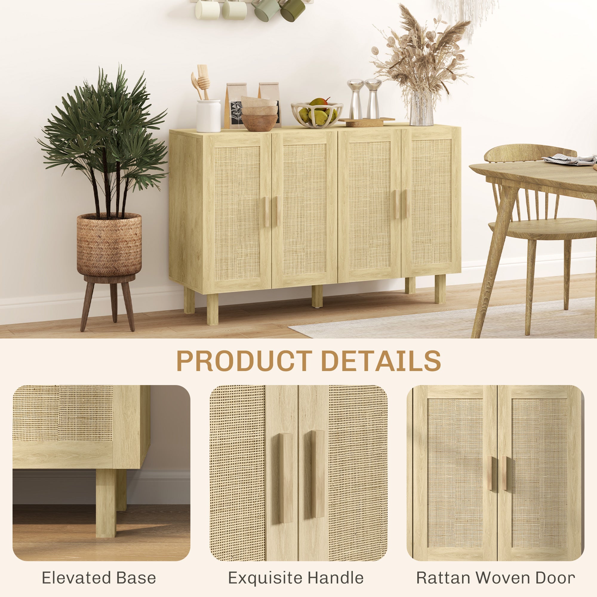 HOMCOM Sideboard Buffet Cabinet, Coffee Bar Cabinet with 4 Rattan Doors and Adjustable Shelves for Kitchen, Living Room, Natural