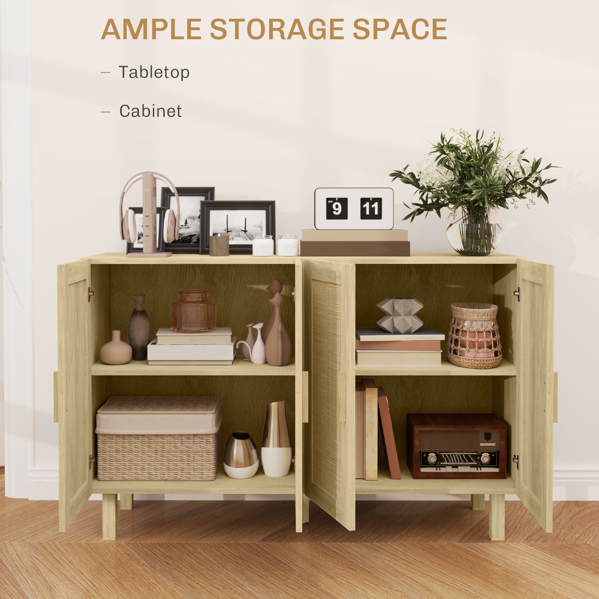 HOMCOM Sideboard Buffet Cabinet, Coffee Bar Cabinet with 4 Rattan Doors and Adjustable Shelves for Kitchen, Living Room, Natural