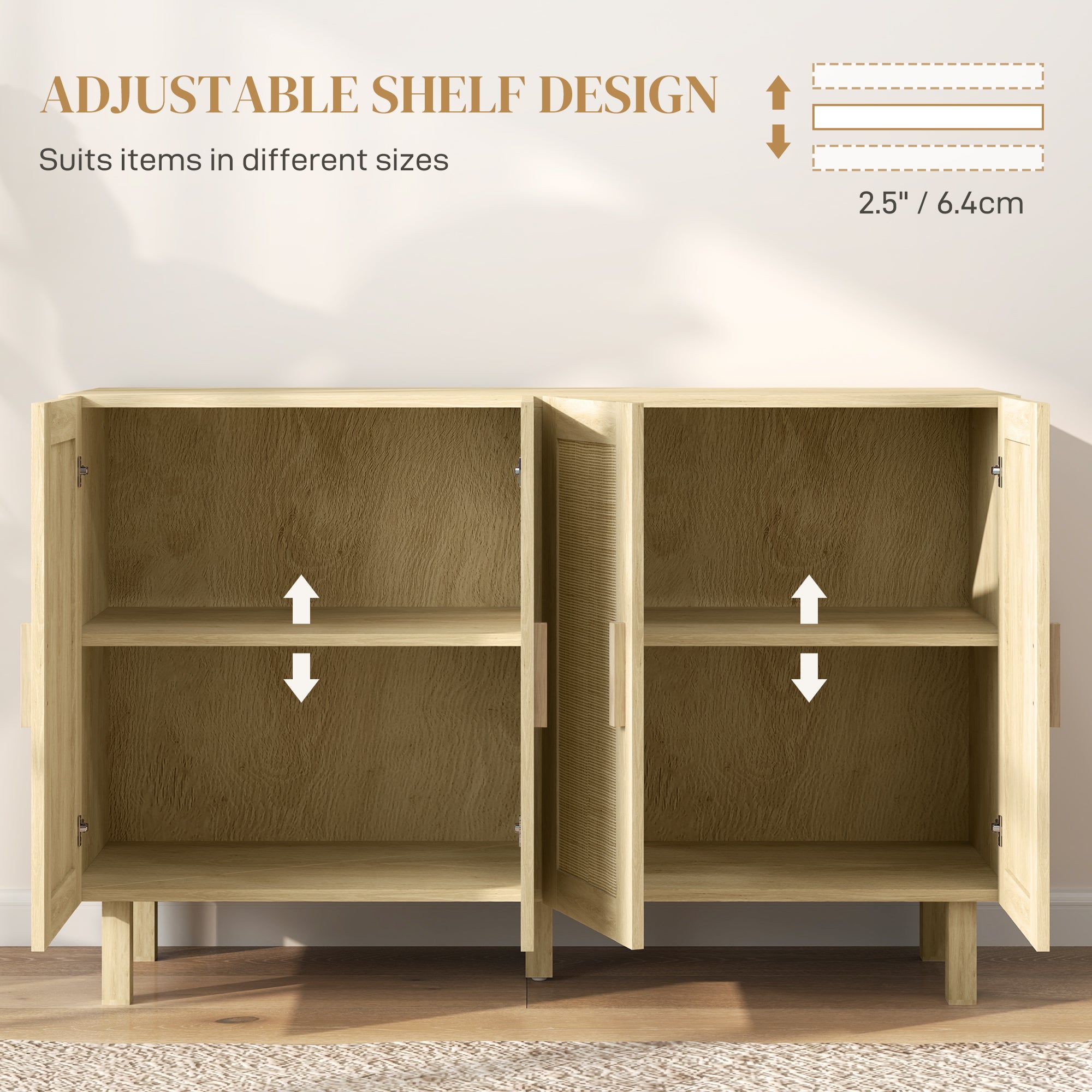 HOMCOM Sideboard Buffet Cabinet, Coffee Bar Cabinet with 4 Rattan Doors and Adjustable Shelves for Kitchen, Living Room, Natural