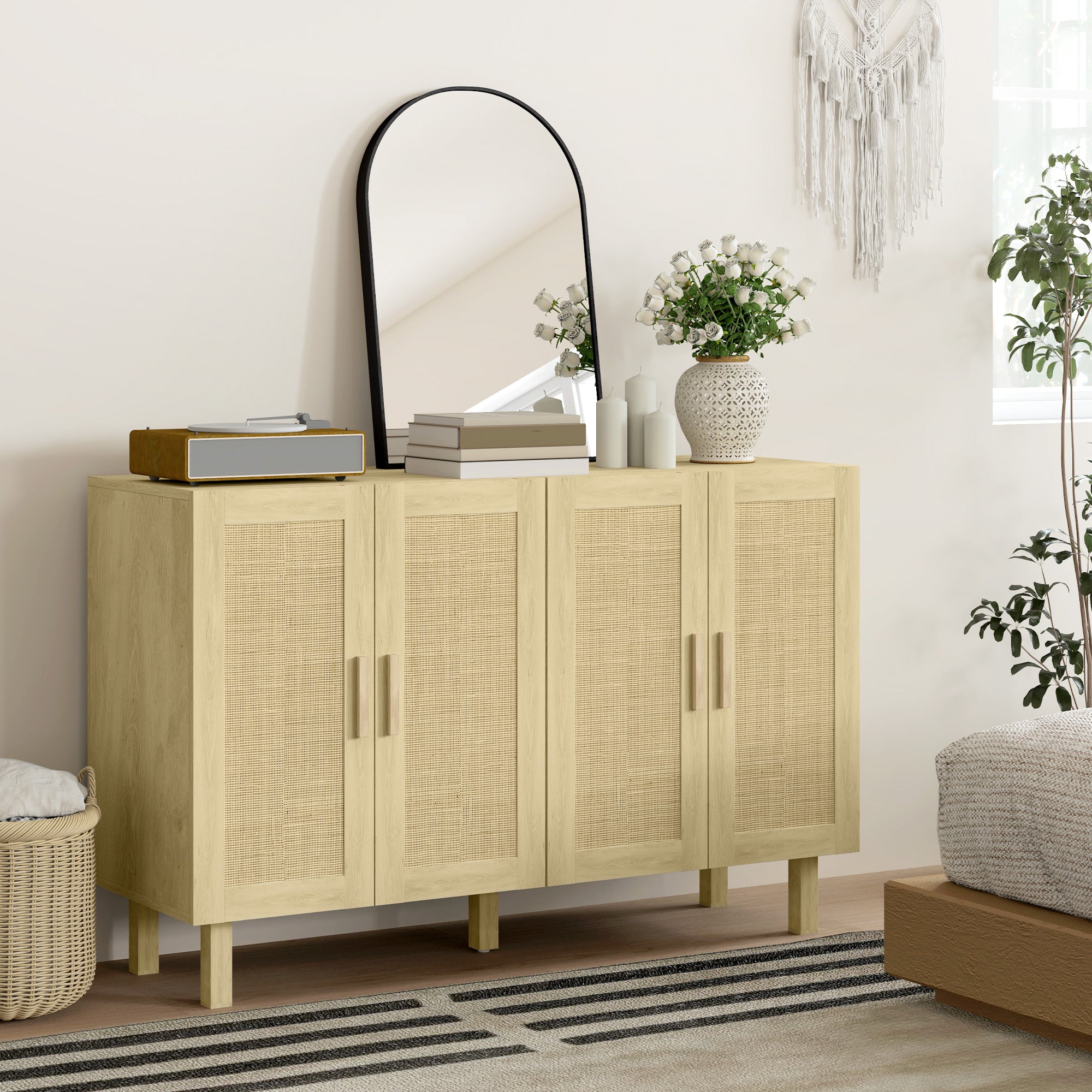 HOMCOM Sideboard Buffet Cabinet, Coffee Bar Cabinet with 4 Rattan Doors and Adjustable Shelves for Kitchen, Living Room, Natural